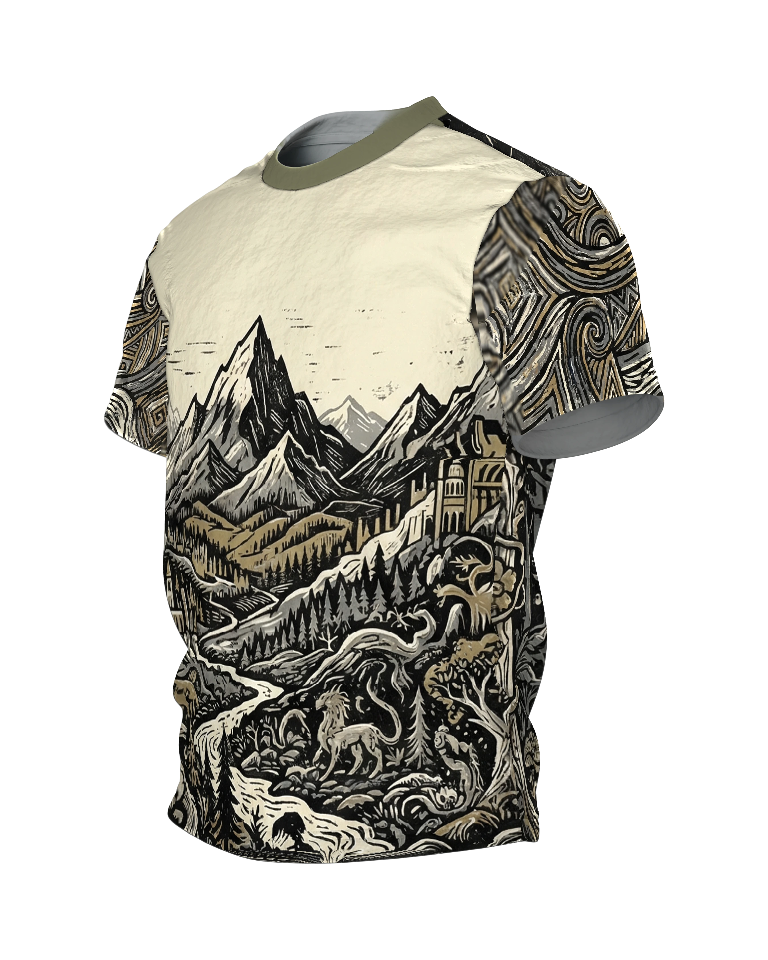 Fantasy Landschaft T-Shirt, Linolschnitt-Panorama mit Bergen und Stadt, Zauberwald am Rücken, Seitenansicht rechts