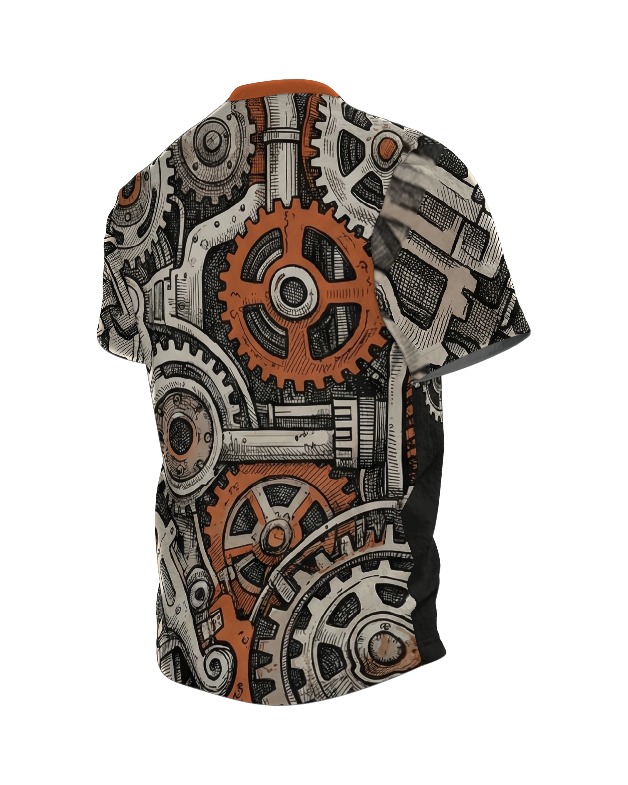 Steampunk Zahnräder T-Shirt: Vintage Mechanik, Rückseite schräg links