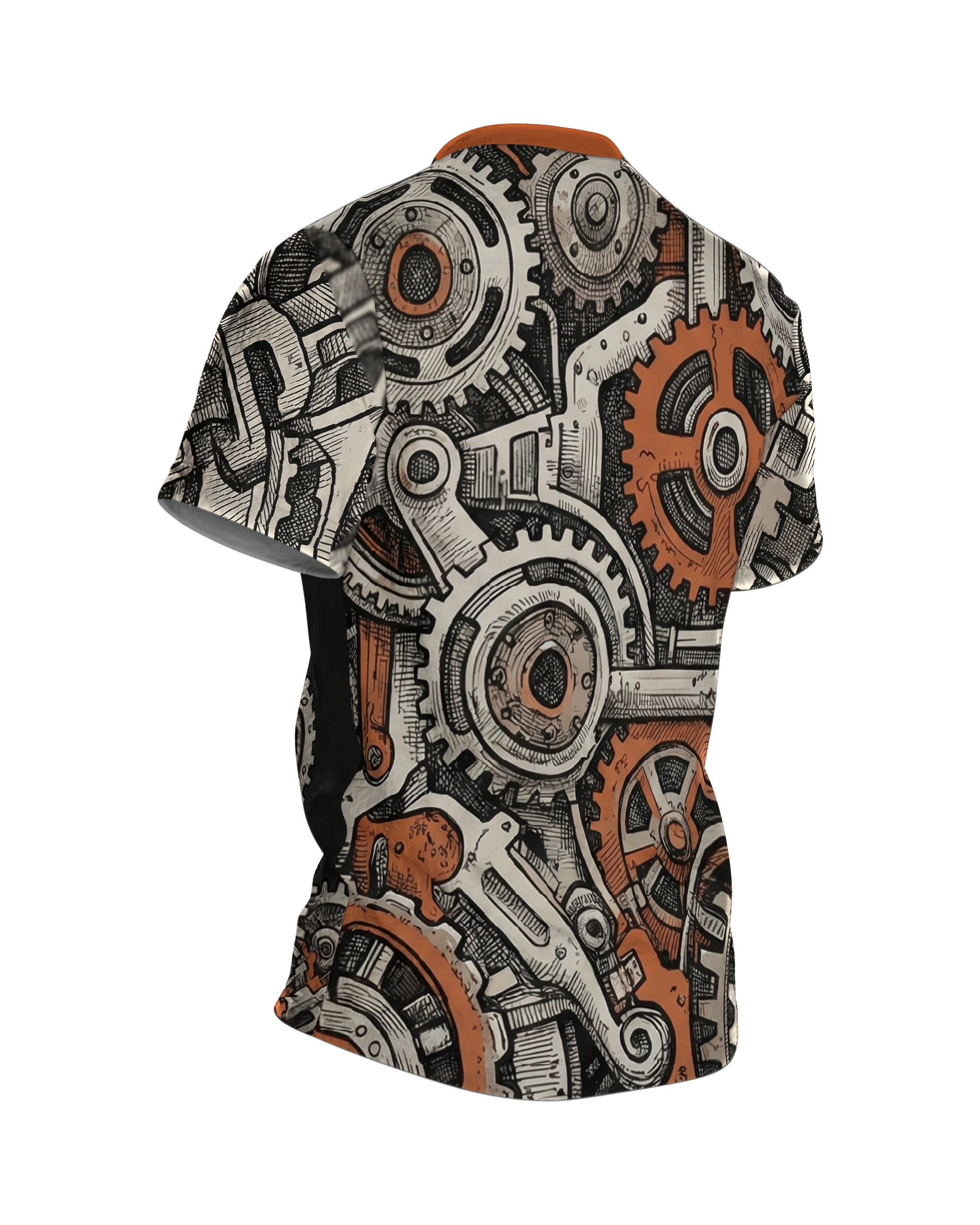 Steampunk Zahnräder T-Shirt: Vintage Mechanik, Rückseite schräg rechts