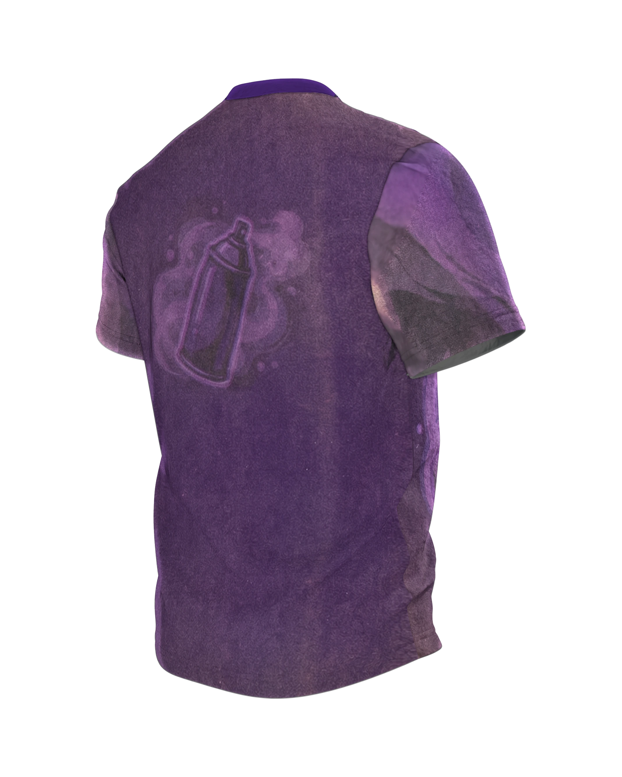 Graffiti Sprühdose T-Shirt, Retro-Dose im Violett-Nebel mit Geisterbild-Rücken, Rückseite schräg links