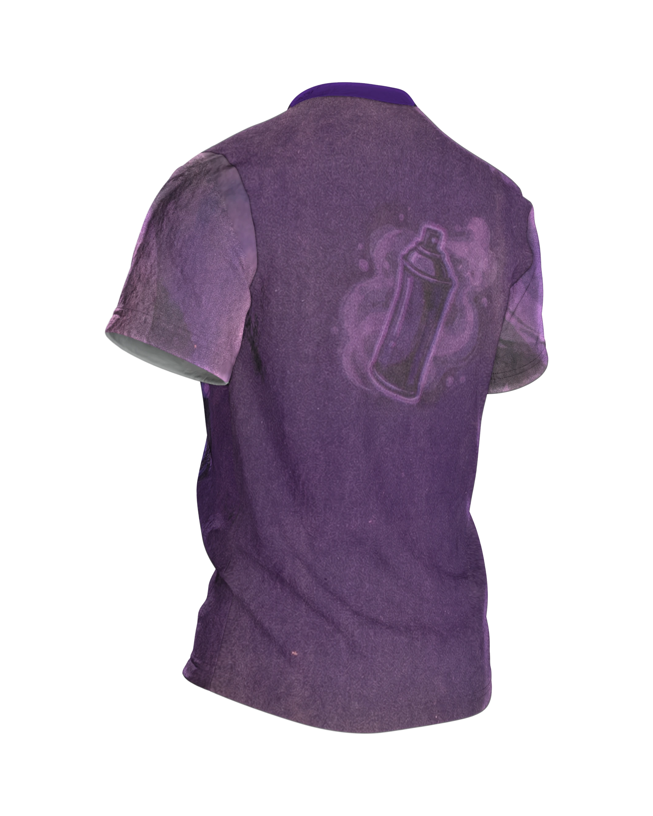 Graffiti Sprühdose T-Shirt, Retro-Dose im Violett-Nebel mit Geisterbild-Rücken, Rückseite schräg rechts