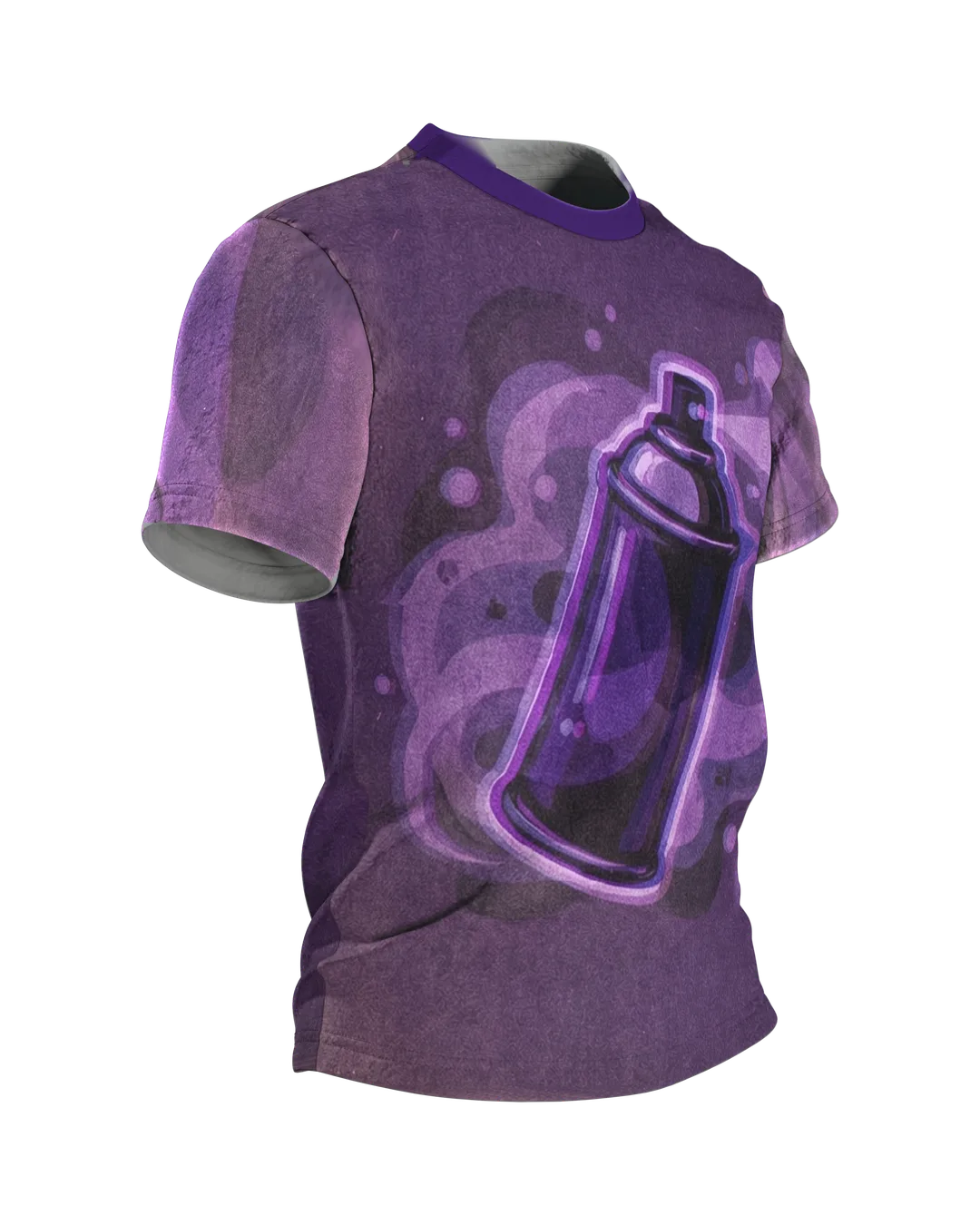 Graffiti Sprühdose T-Shirt, Retro-Dose im Violett-Nebel mit Geisterbild-Rücken, Seitenansicht links