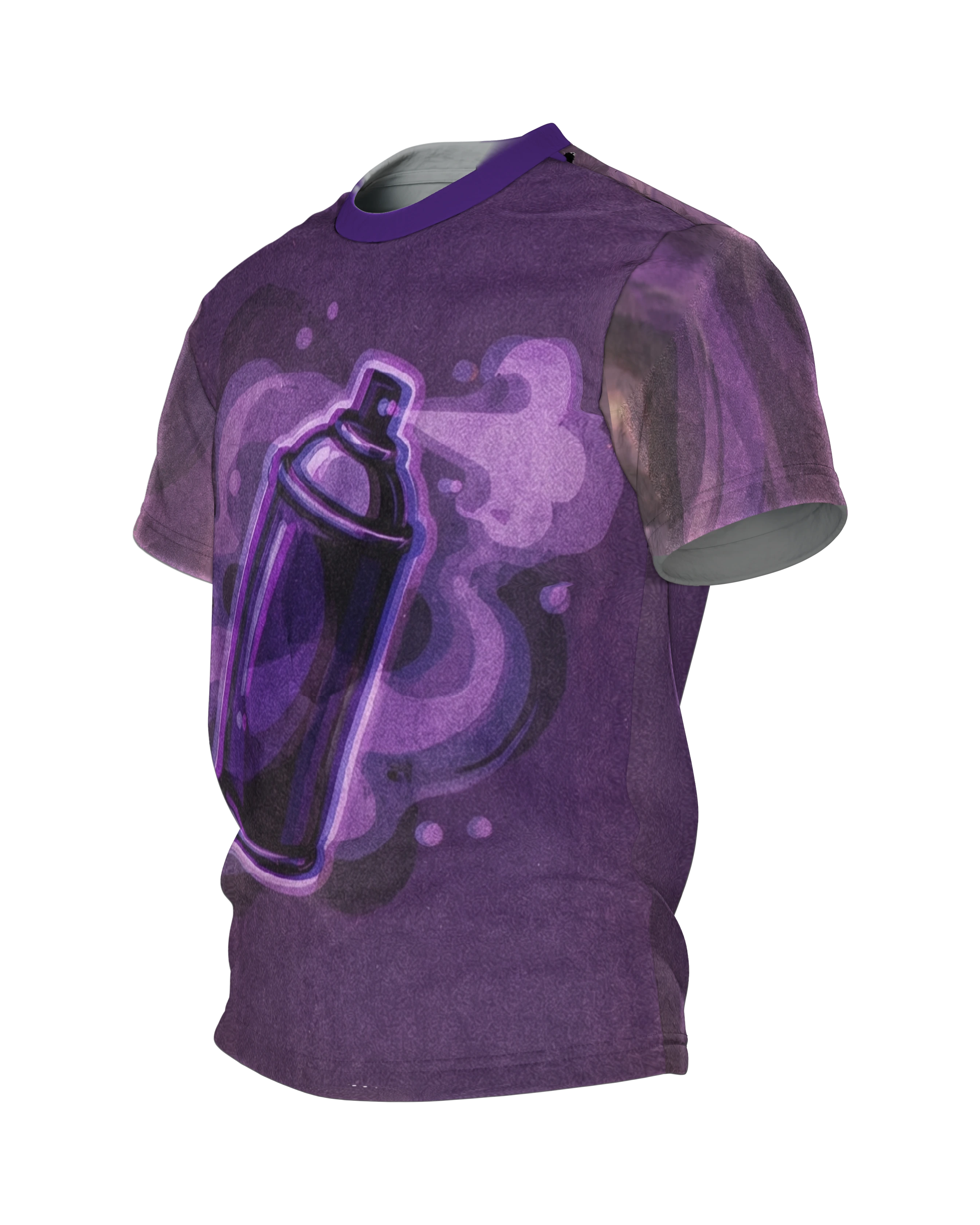 Graffiti Sprühdose T-Shirt, Retro-Dose im Violett-Nebel mit Geisterbild-Rücken, Seitenansicht rechts