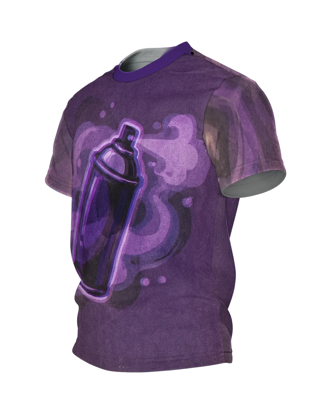 Graffiti Sprühdose T-Shirt, Retro-Dose im Violett-Nebel mit Geisterbild-Rücken, Seitenansicht rechts