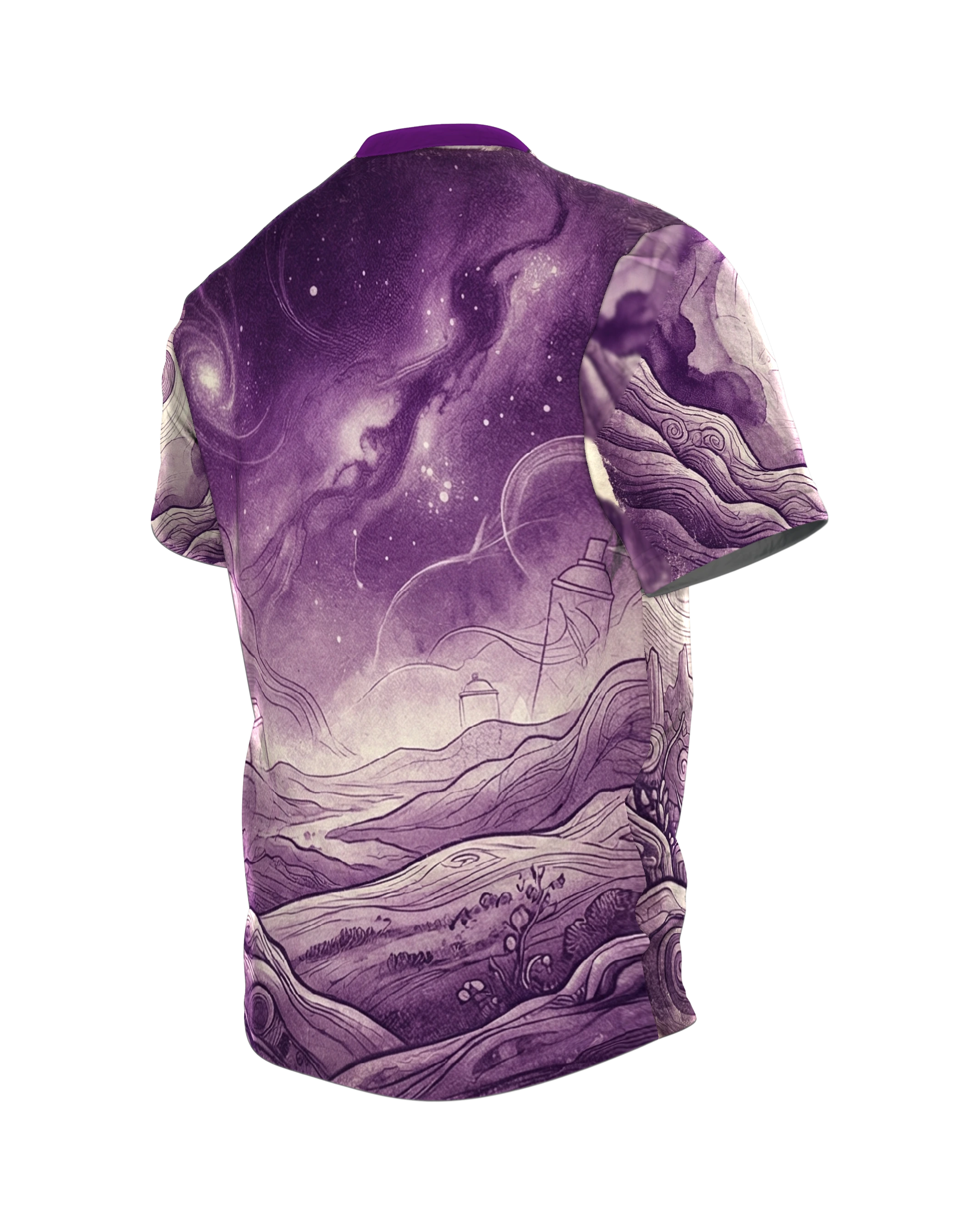 Surreale Spraydosen Landschaft T-Shirt: Violette Kunst, Rückseite schräg links