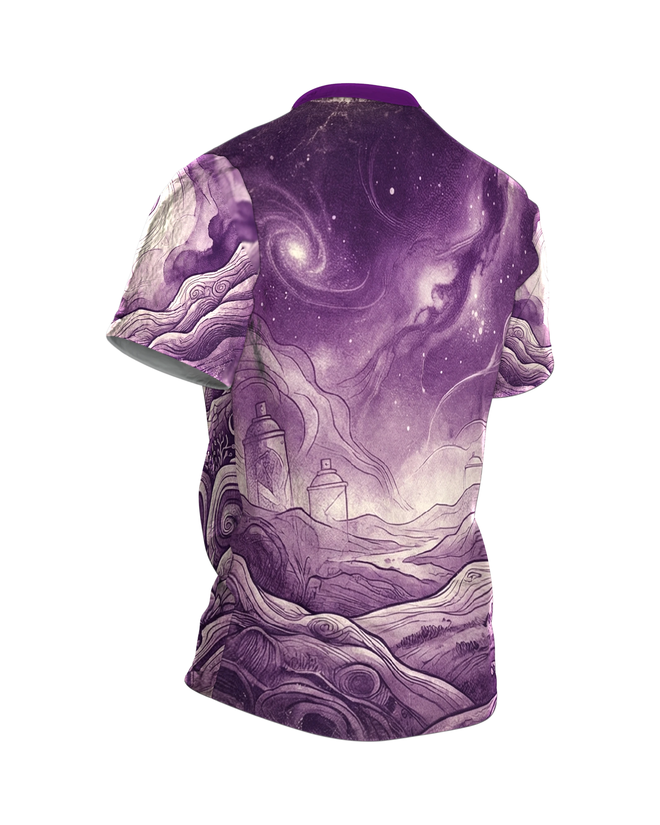 Surreale Spraydosen Landschaft T-Shirt: Violette Kunst, Rückseite schräg rechts