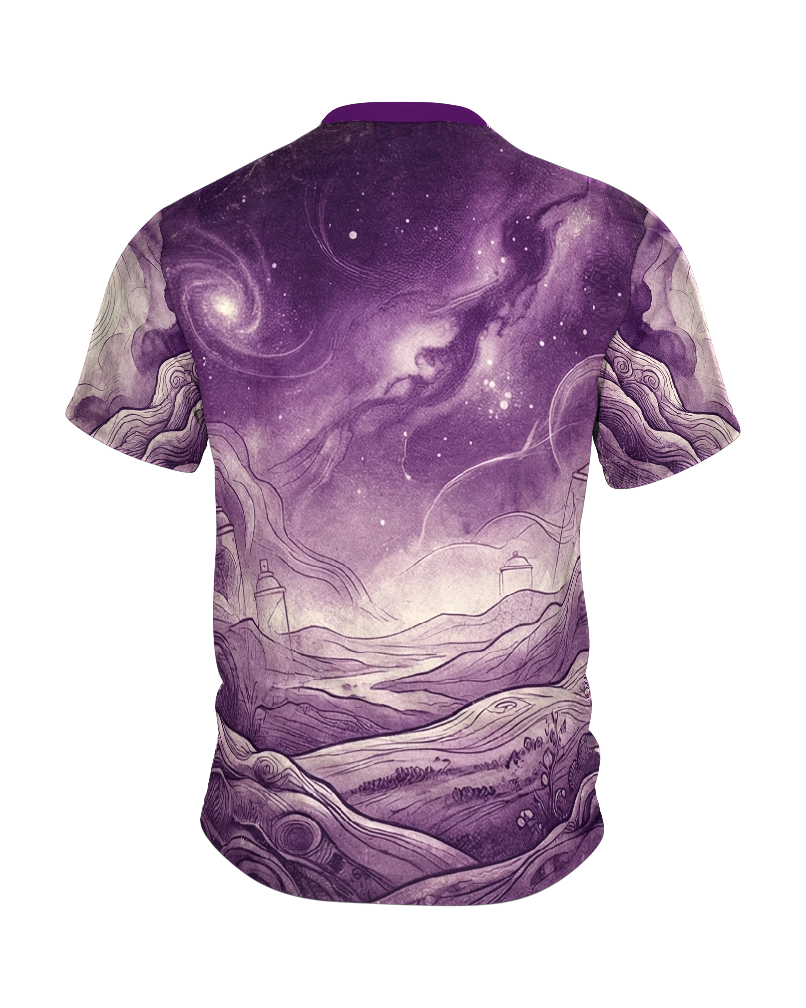 Surreale Spraydosen Landschaft T-Shirt: Violette Kunst, Rückseite