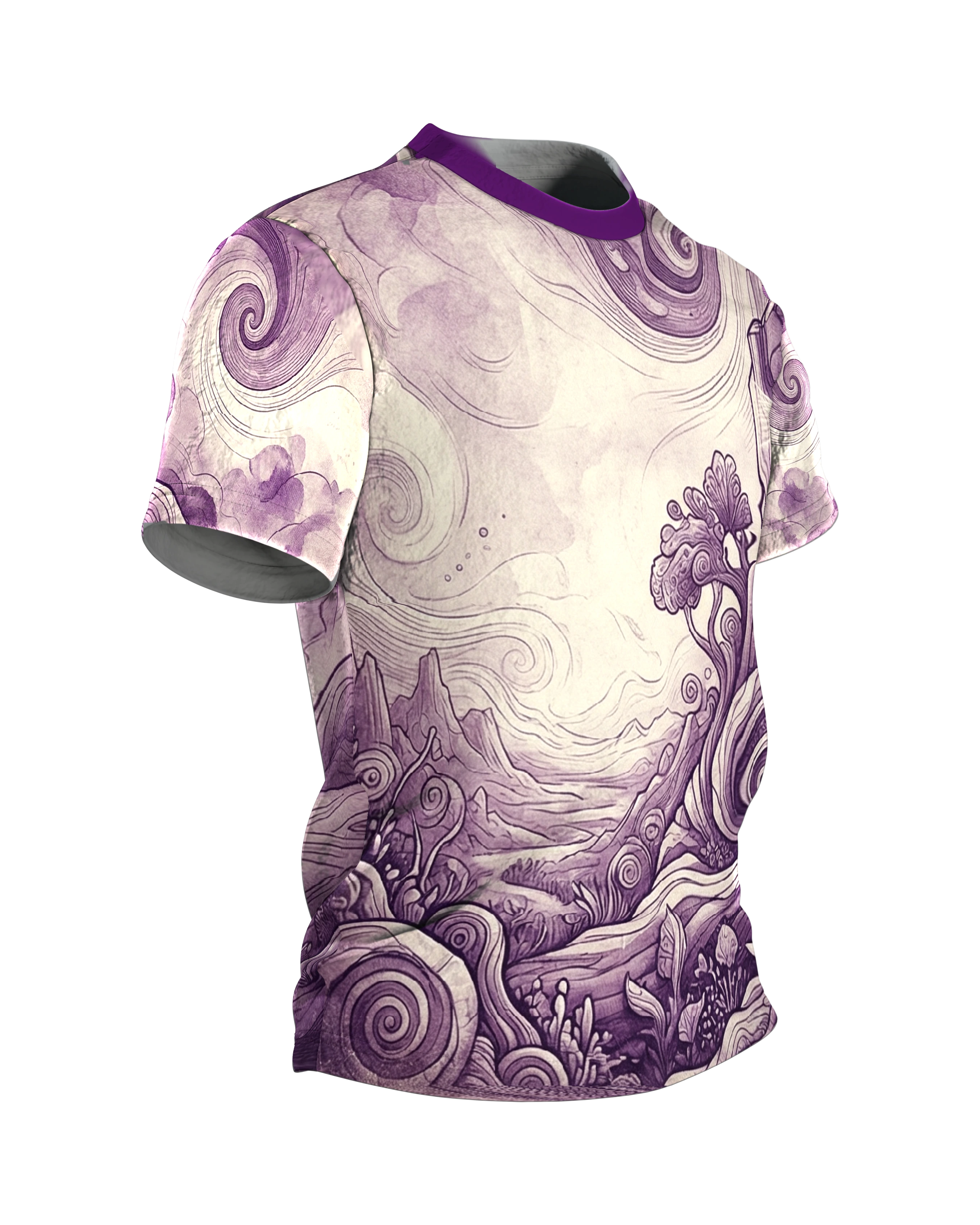 Surreale Spraydosen Landschaft T-Shirt: Violette Kunst, Seitenansicht links