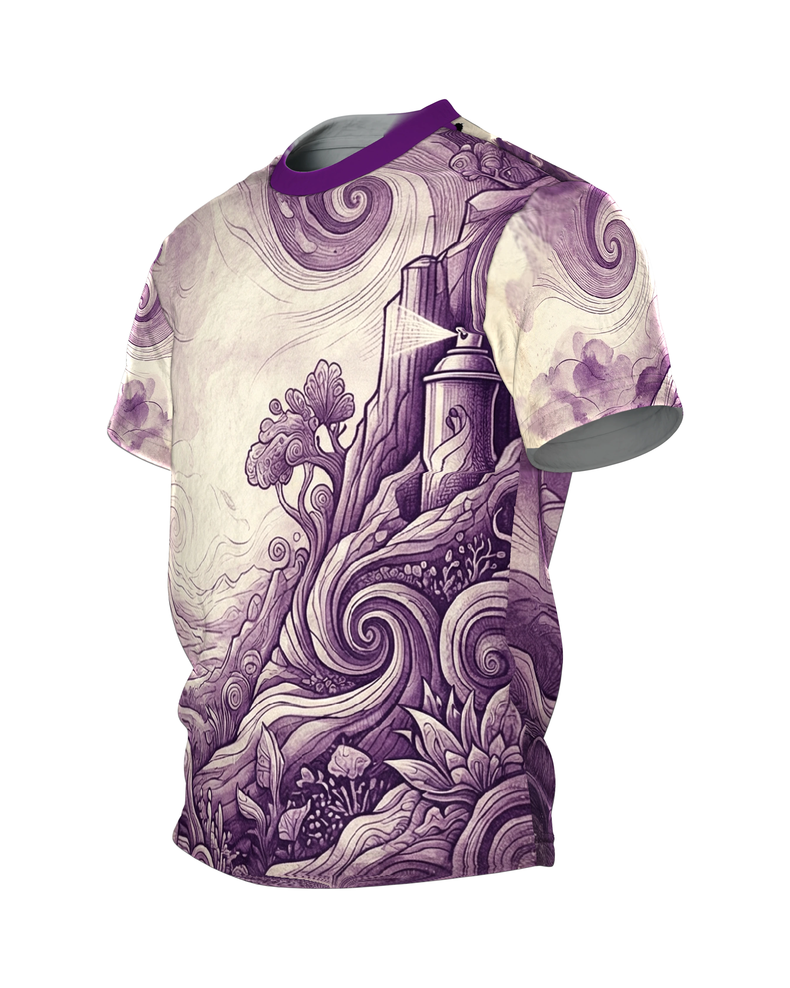 Surreale Spraydosen Landschaft T-Shirt: Violette Kunst, Seitenansicht rechts