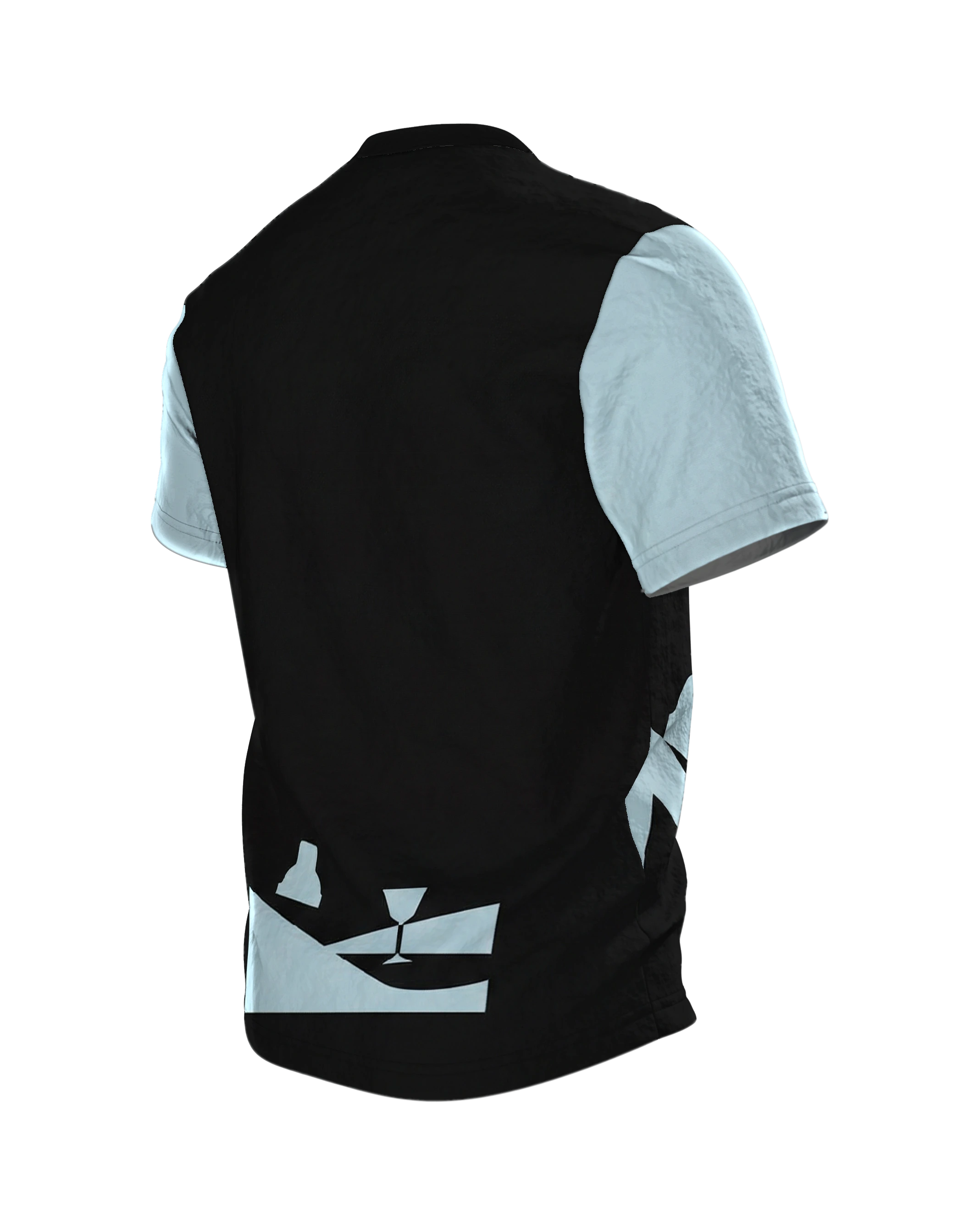 Lounge Minimal Shaker T-Shirt, Cocktail-Silhouetten in Eisblau auf Schwarz, Saum-Motiv am Rücken, Rückseite schräg links