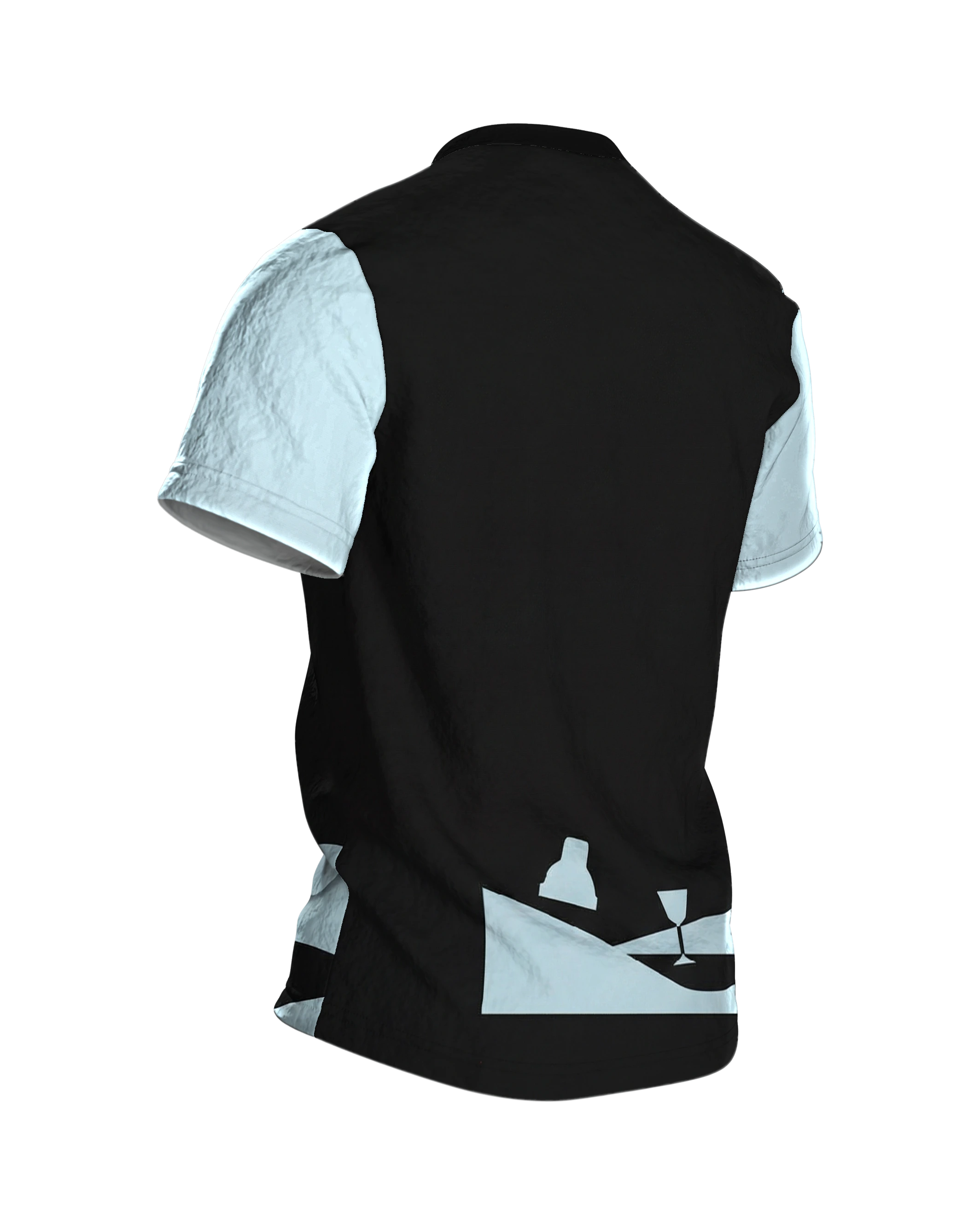Lounge Minimal Shaker T-Shirt, Cocktail-Silhouetten in Eisblau auf Schwarz, Saum-Motiv am Rücken, Rückseite schräg rechts