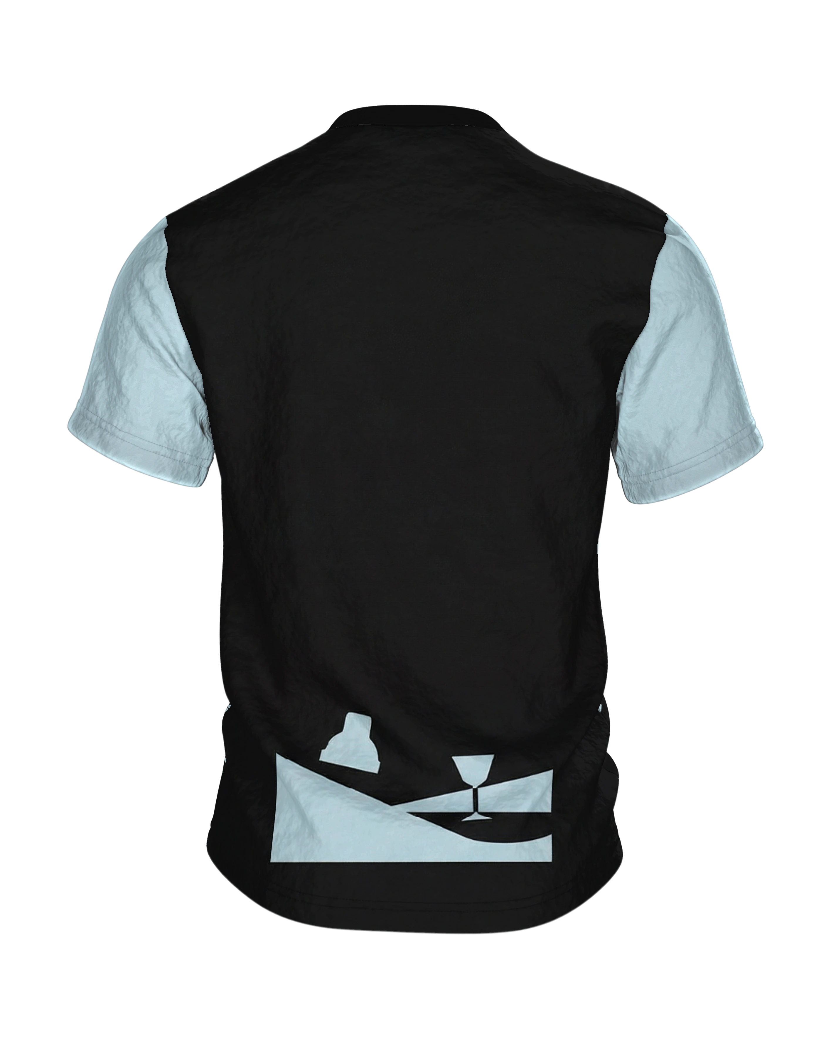 Lounge Minimal Shaker T-Shirt, Cocktail-Silhouetten in Eisblau auf Schwarz, Saum-Motiv am Rücken, Rückseite