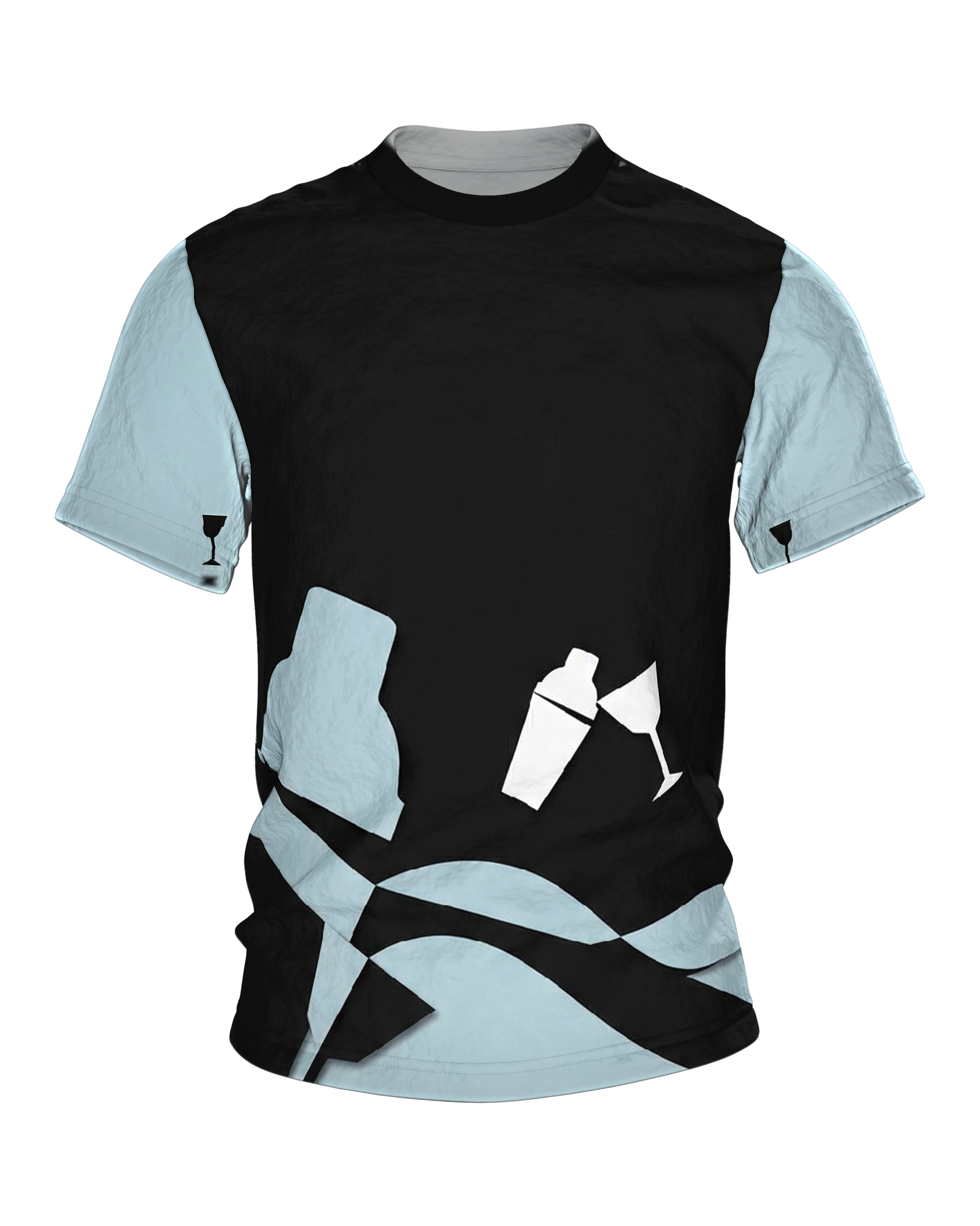 Lounge Minimal Shaker T-Shirt, Cocktail-Silhouetten in Eisblau auf Schwarz, Saum-Motiv am Rücken