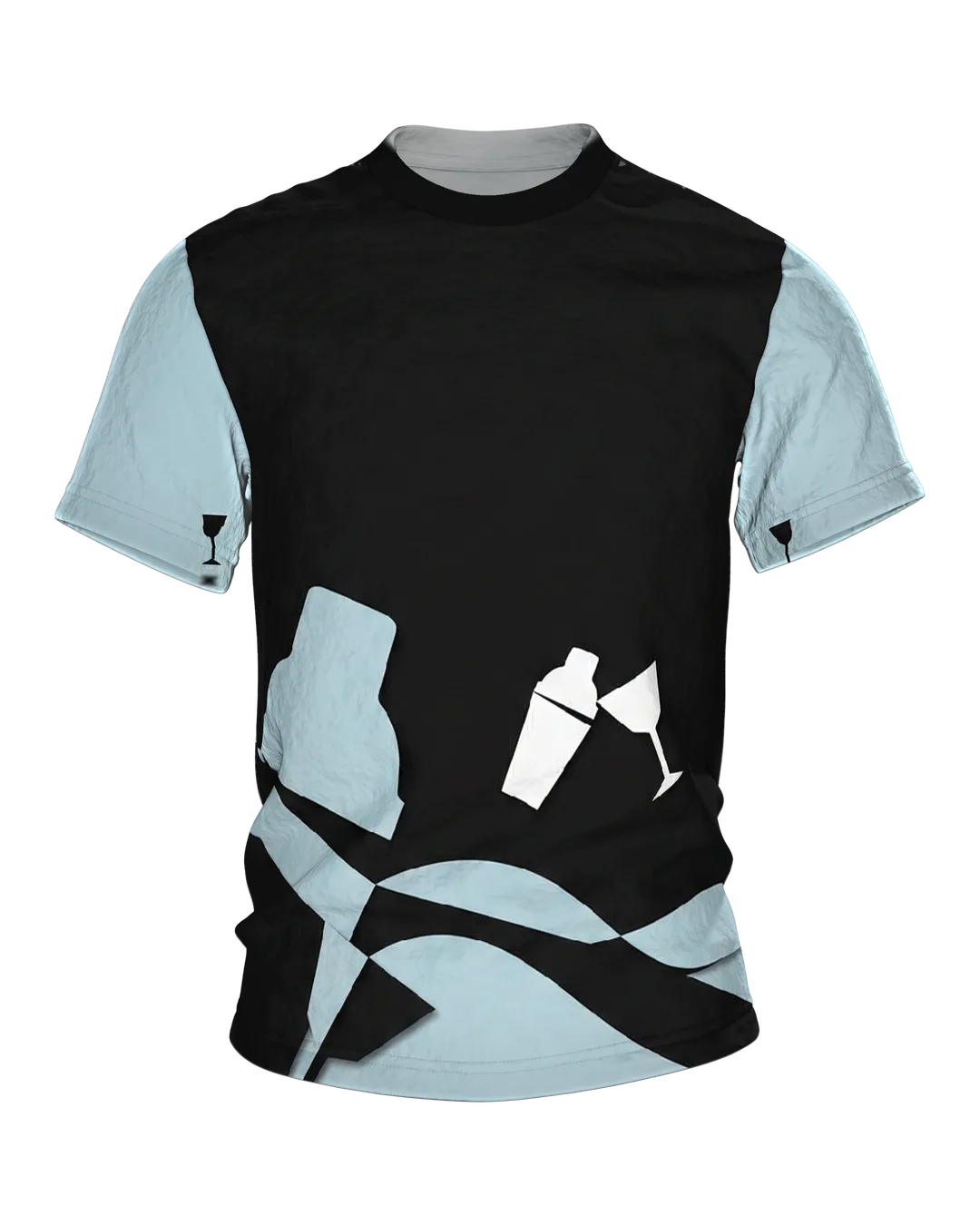Lounge Minimal Shaker T-Shirt, Cocktail-Silhouetten in Eisblau auf Schwarz, Saum-Motiv am Rücken