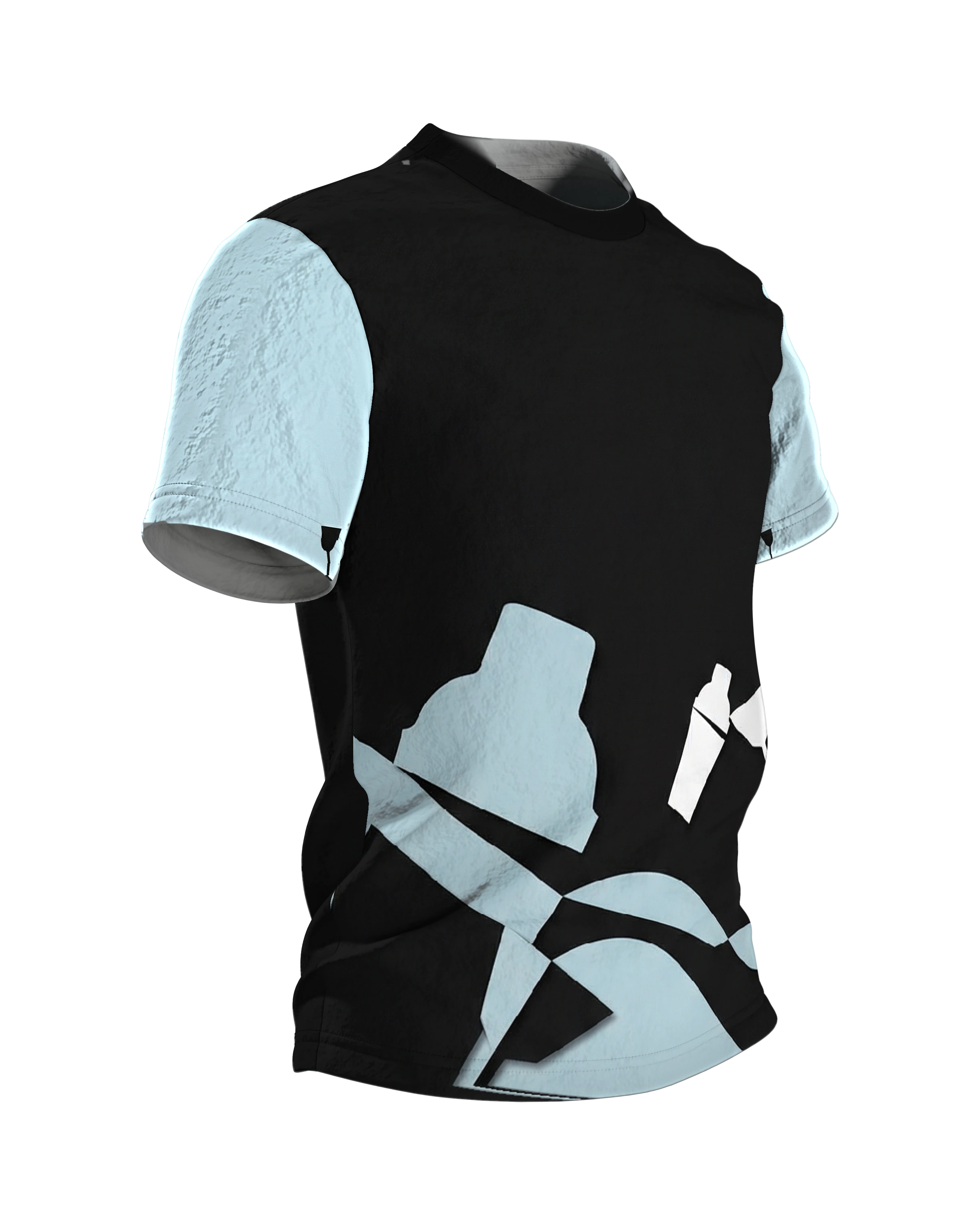 Lounge Minimal Shaker T-Shirt, Cocktail-Silhouetten in Eisblau auf Schwarz, Saum-Motiv am Rücken, Seitenansicht links