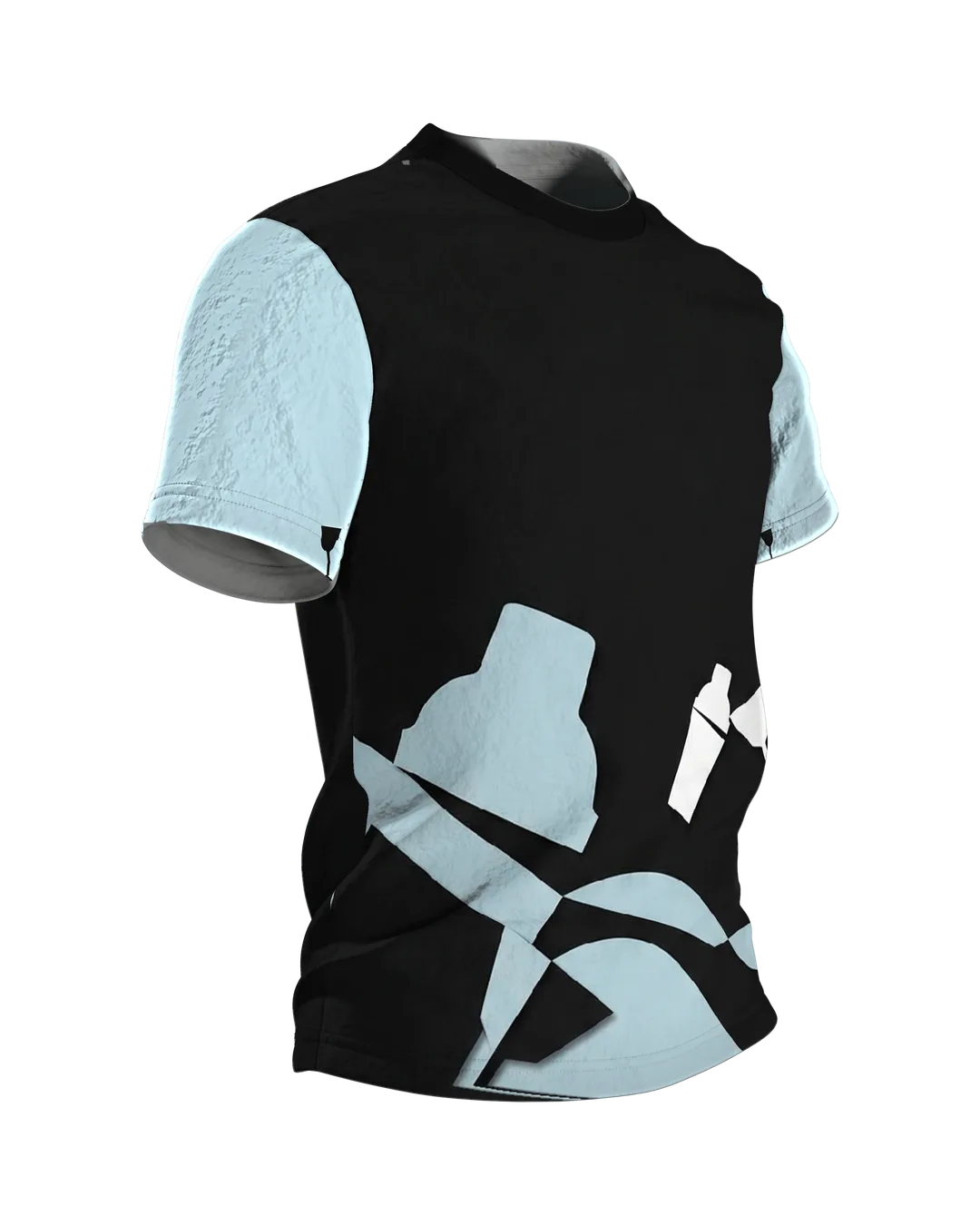 Lounge Minimal Shaker T-Shirt, Cocktail-Silhouetten in Eisblau auf Schwarz, Saum-Motiv am Rücken, Seitenansicht links