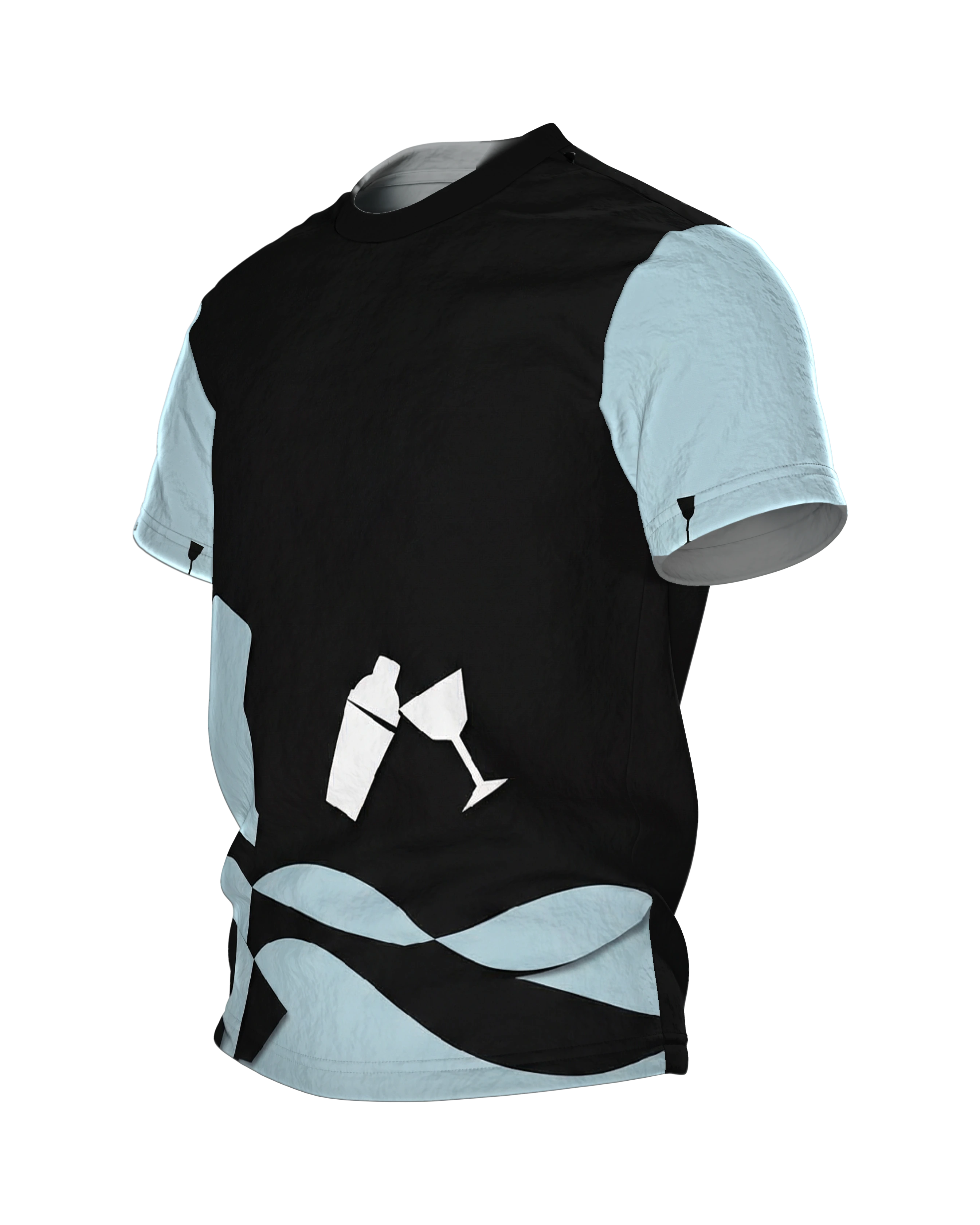 Lounge Minimal Shaker T-Shirt, Cocktail-Silhouetten in Eisblau auf Schwarz, Saum-Motiv am Rücken, Seitenansicht rechts