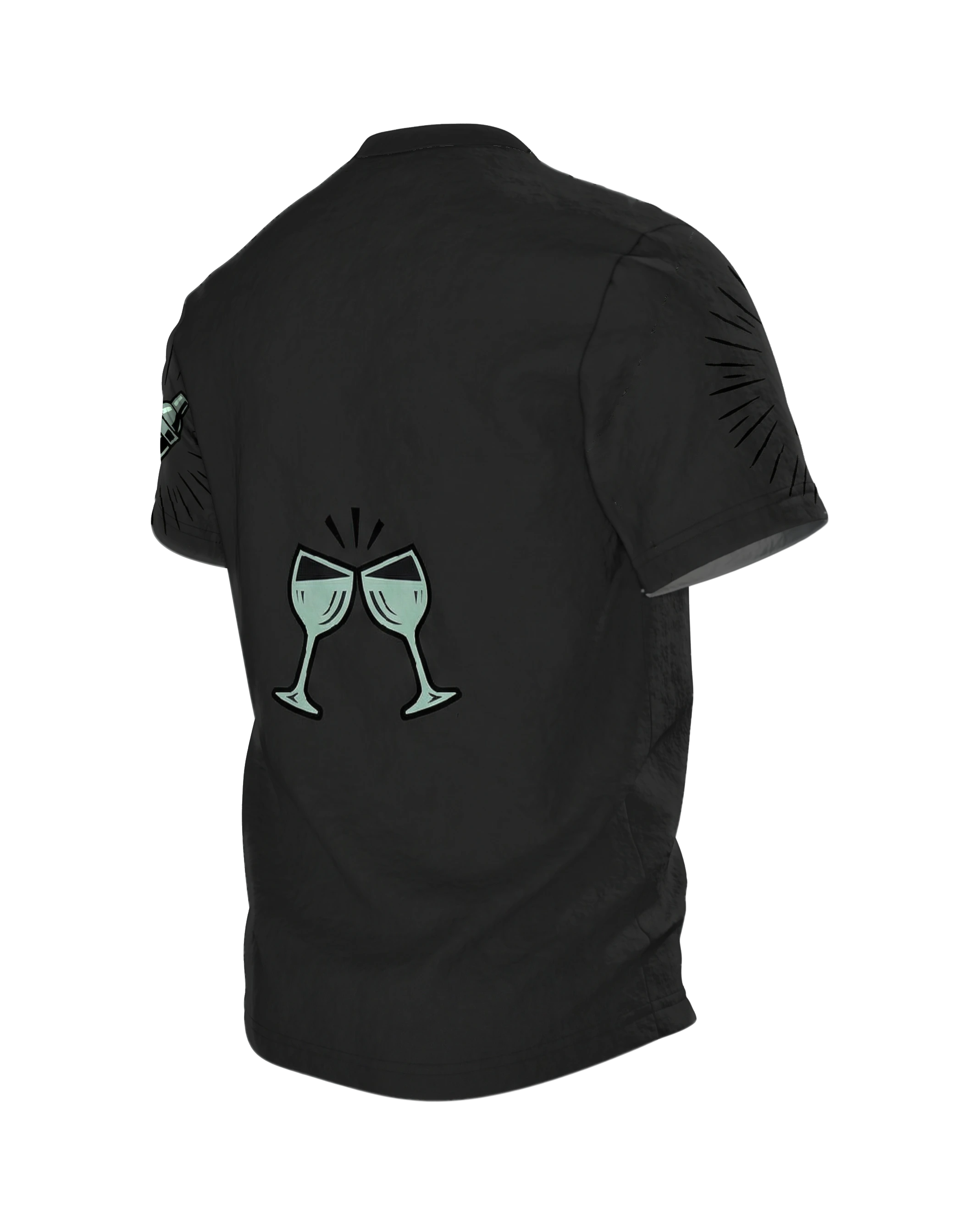 Vintage Shaker Speakeasy T-Shirt: Shaker und Gläser im Strahlenkranz, Rückseite schräg links