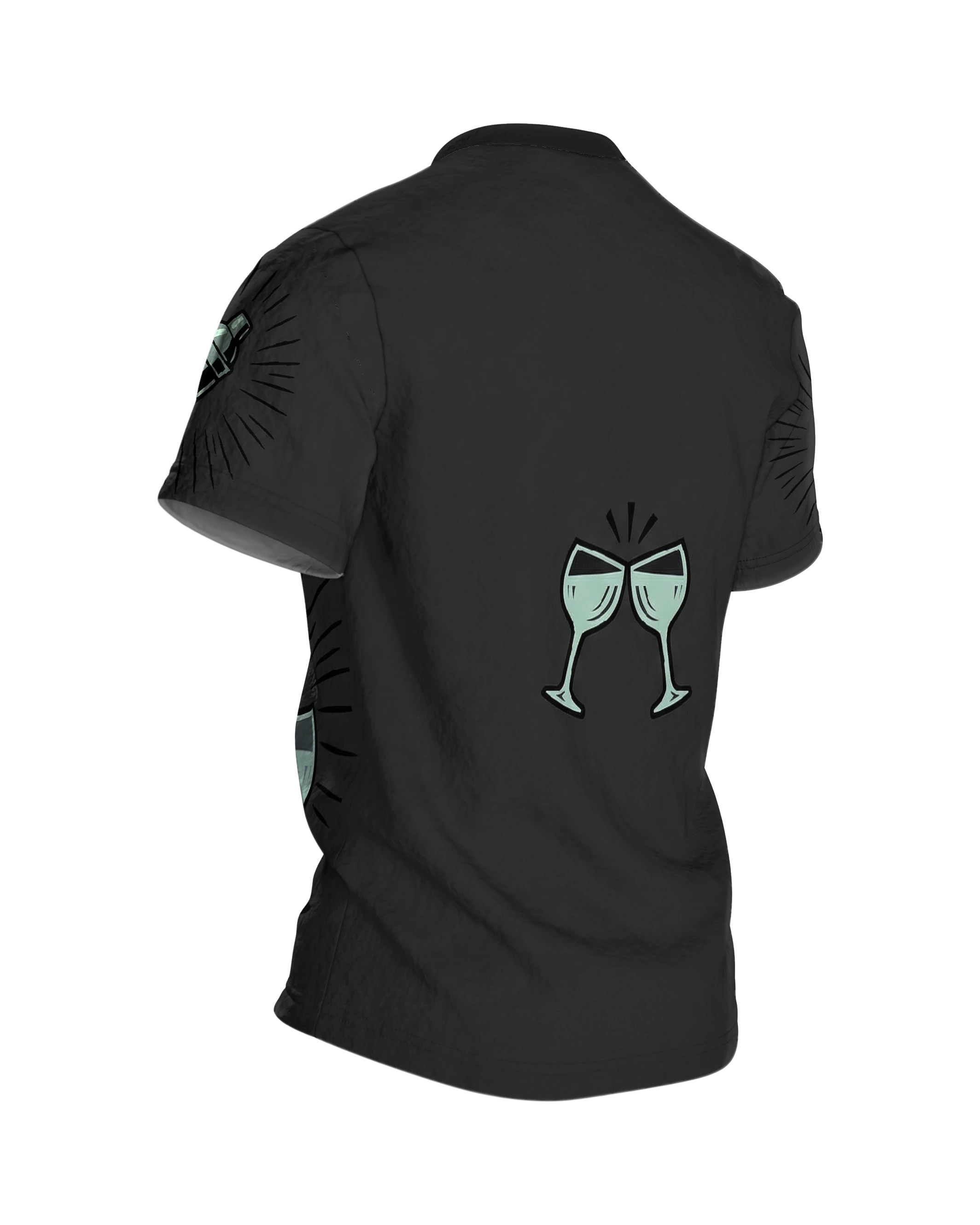 Vintage Shaker Speakeasy T-Shirt: Shaker und Gläser im Strahlenkranz, Rückseite schräg rechts