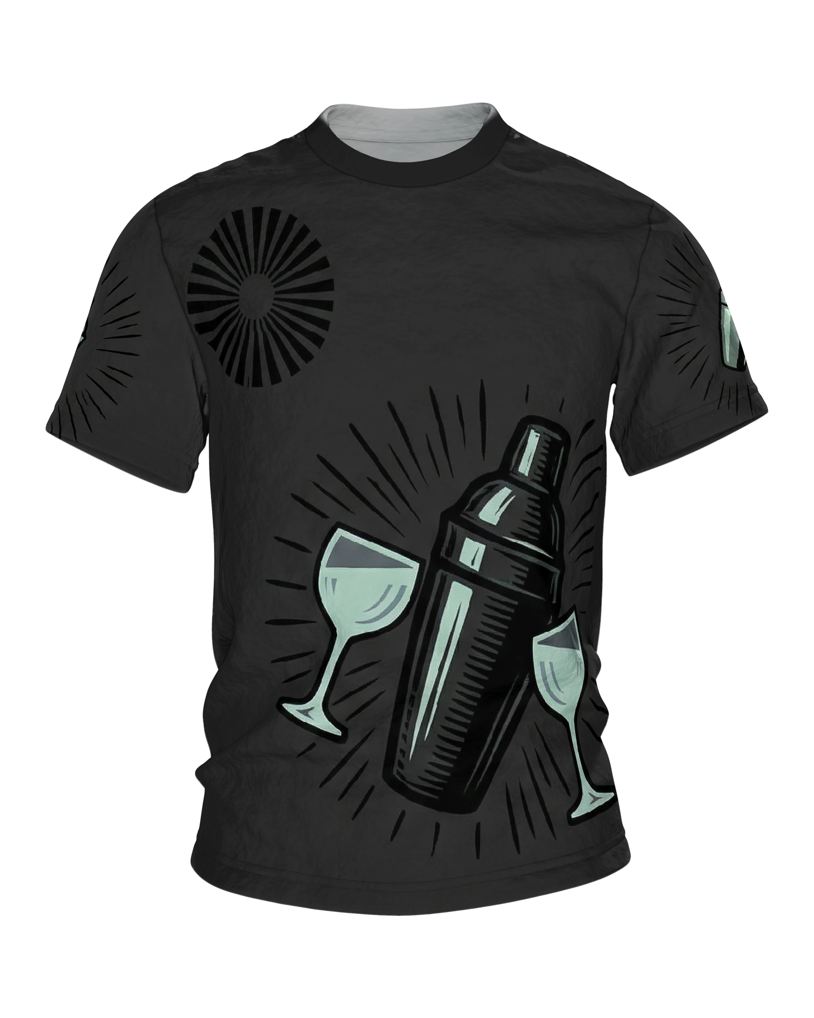 Vintage Shaker Speakeasy T-Shirt: Shaker und Gläser im Strahlenkranz