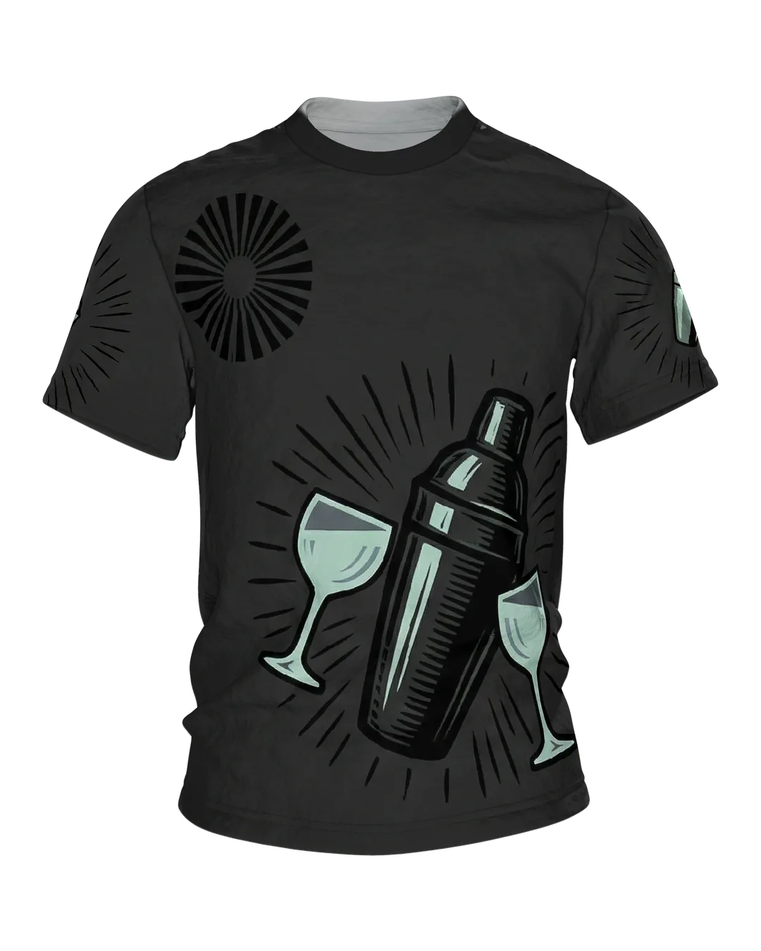 Vintage Shaker Speakeasy T-Shirt: Shaker und Gläser im Strahlenkranz
