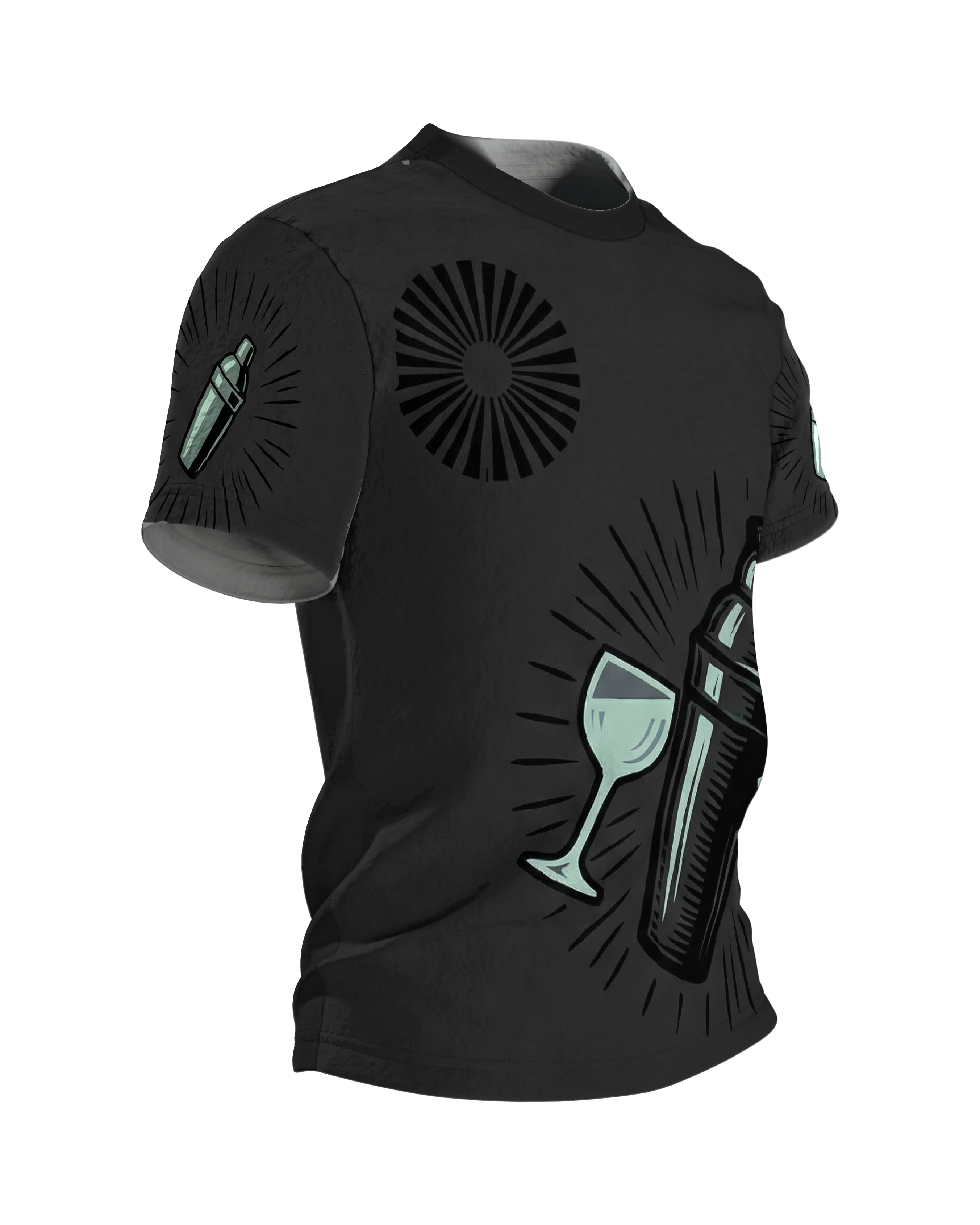 Vintage Shaker Speakeasy T-Shirt: Shaker und Gläser im Strahlenkranz, Seitenansicht links