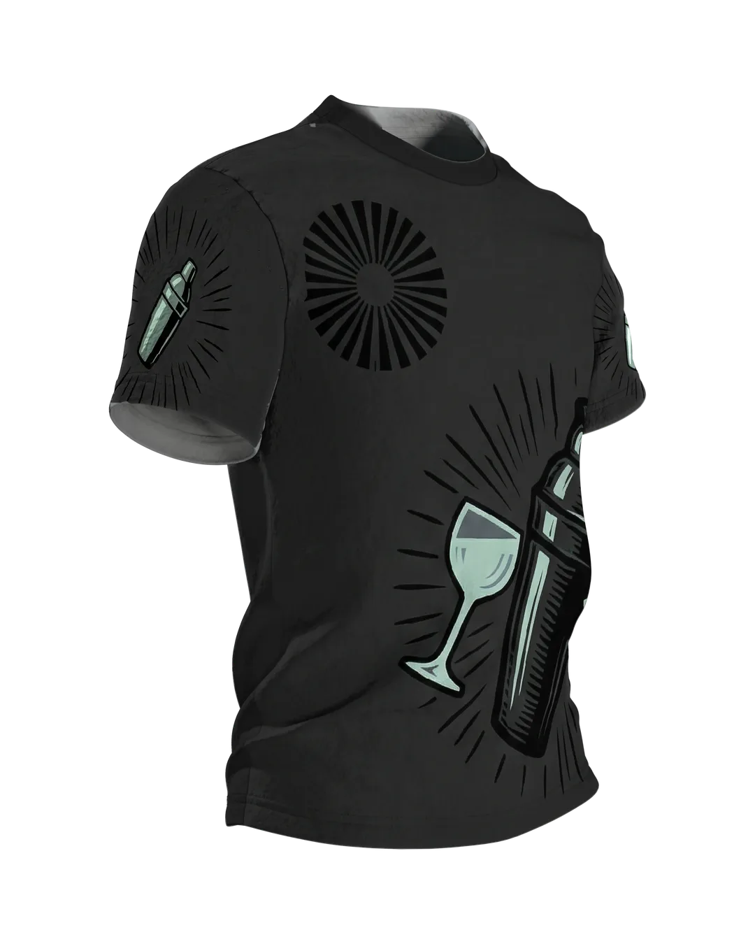 Vintage Shaker Speakeasy T-Shirt: Shaker und Gläser im Strahlenkranz, Seitenansicht links