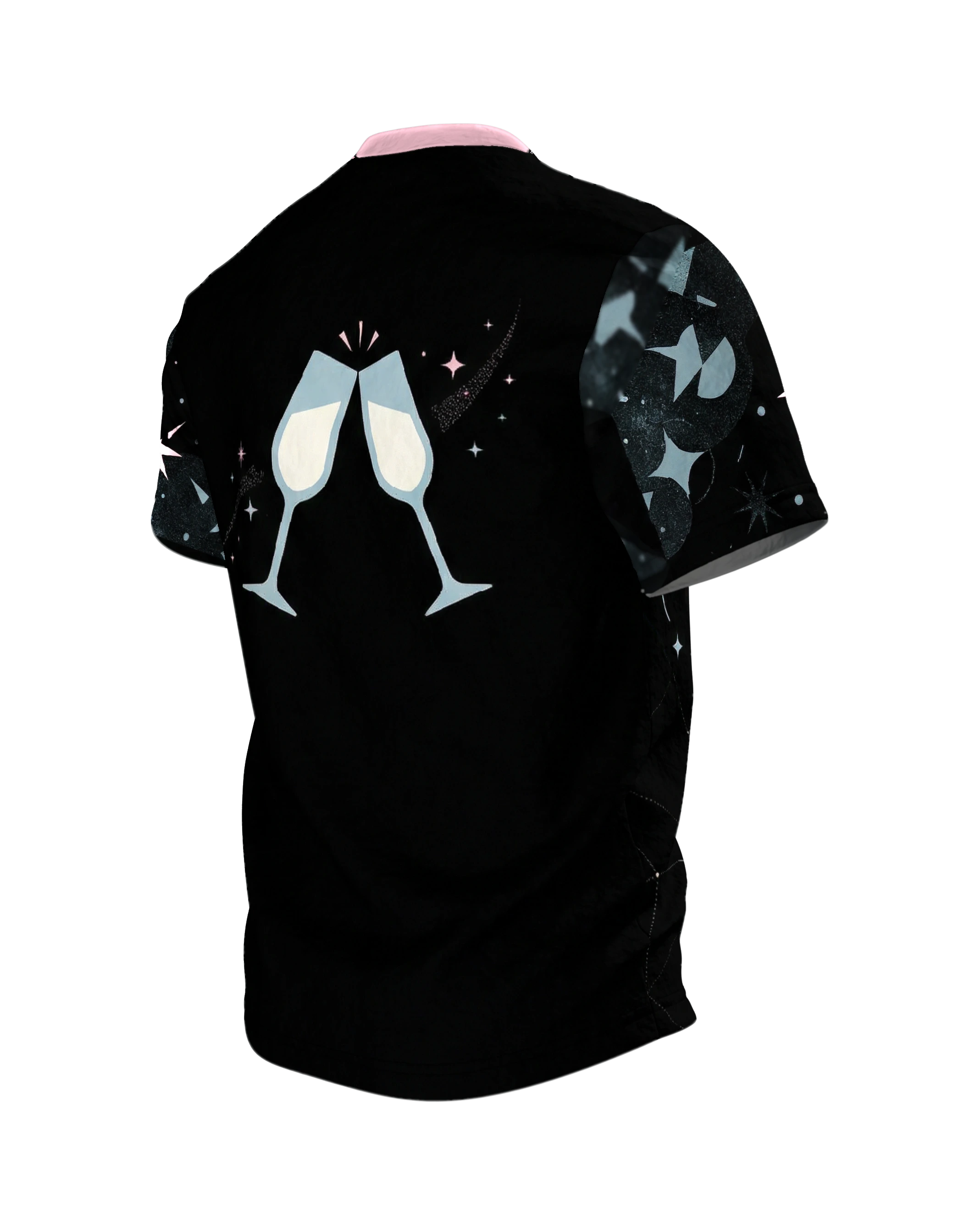 Retro Cocktail-Party T-Shirt, Shaker und Gläser mit Atomic-Sternen, Anstoß-Motiv am Rücken, Rückseite schräg links