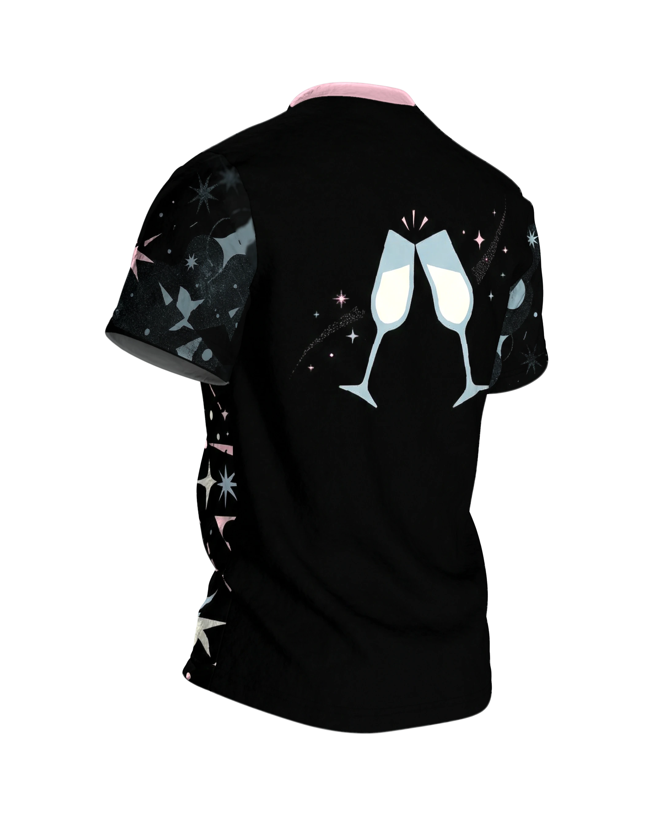 Retro Cocktail-Party T-Shirt, Shaker und Gläser mit Atomic-Sternen, Anstoß-Motiv am Rücken, Rückseite schräg rechts