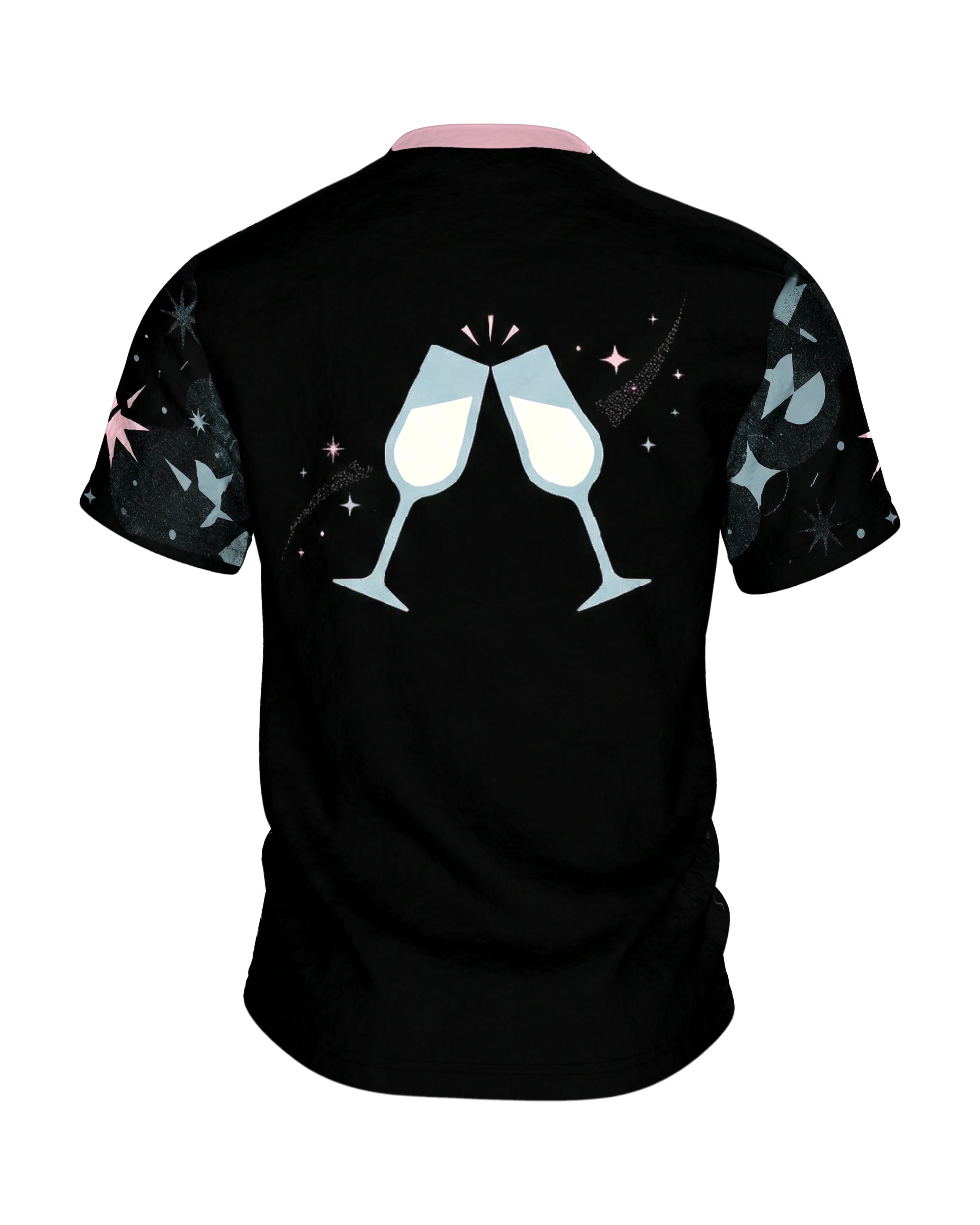 Retro Cocktail-Party T-Shirt, Shaker und Gläser mit Atomic-Sternen, Anstoß-Motiv am Rücken, Rückseite