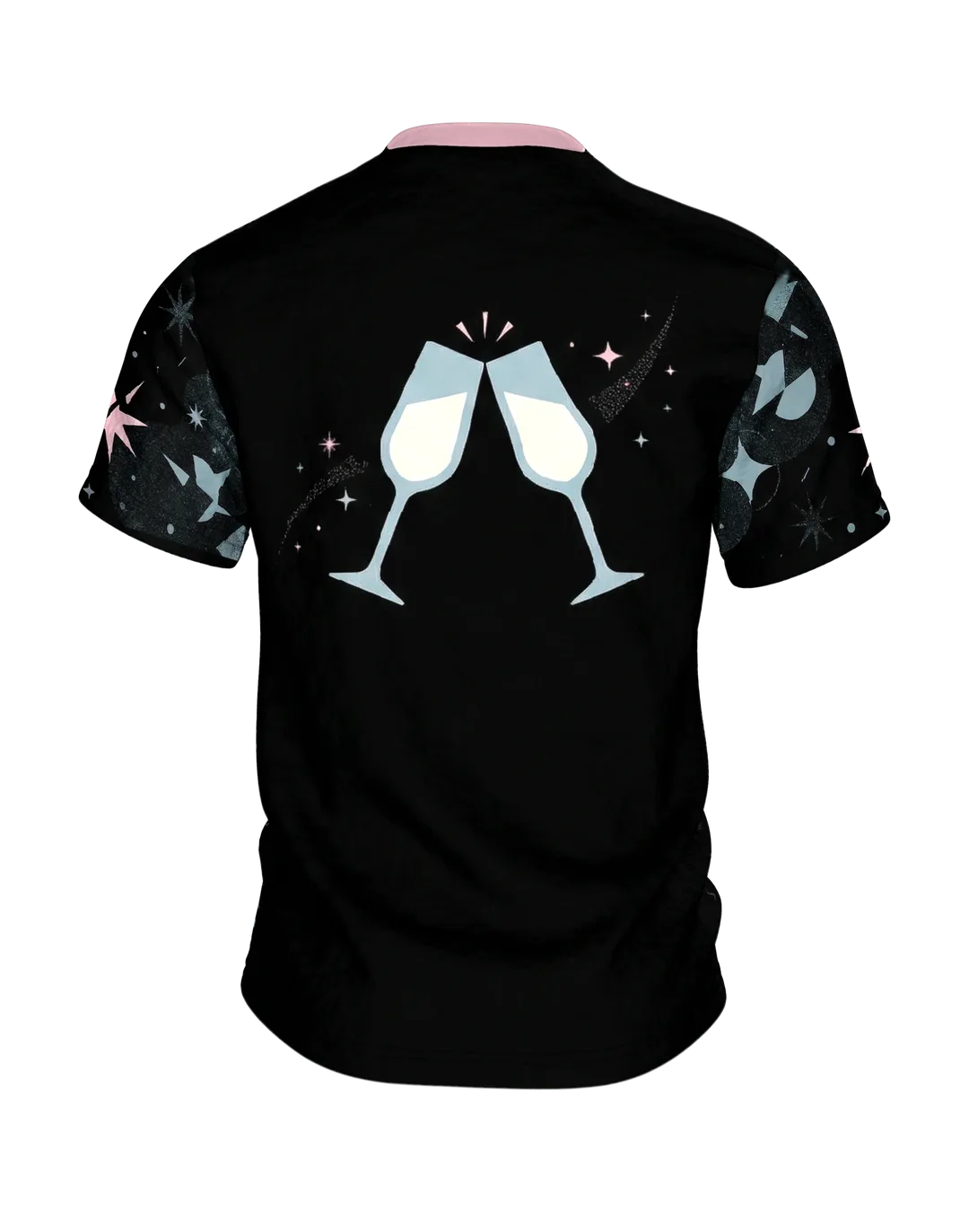 Retro Cocktail-Party T-Shirt, Shaker und Gläser mit Atomic-Sternen, Anstoß-Motiv am Rücken, Rückseite
