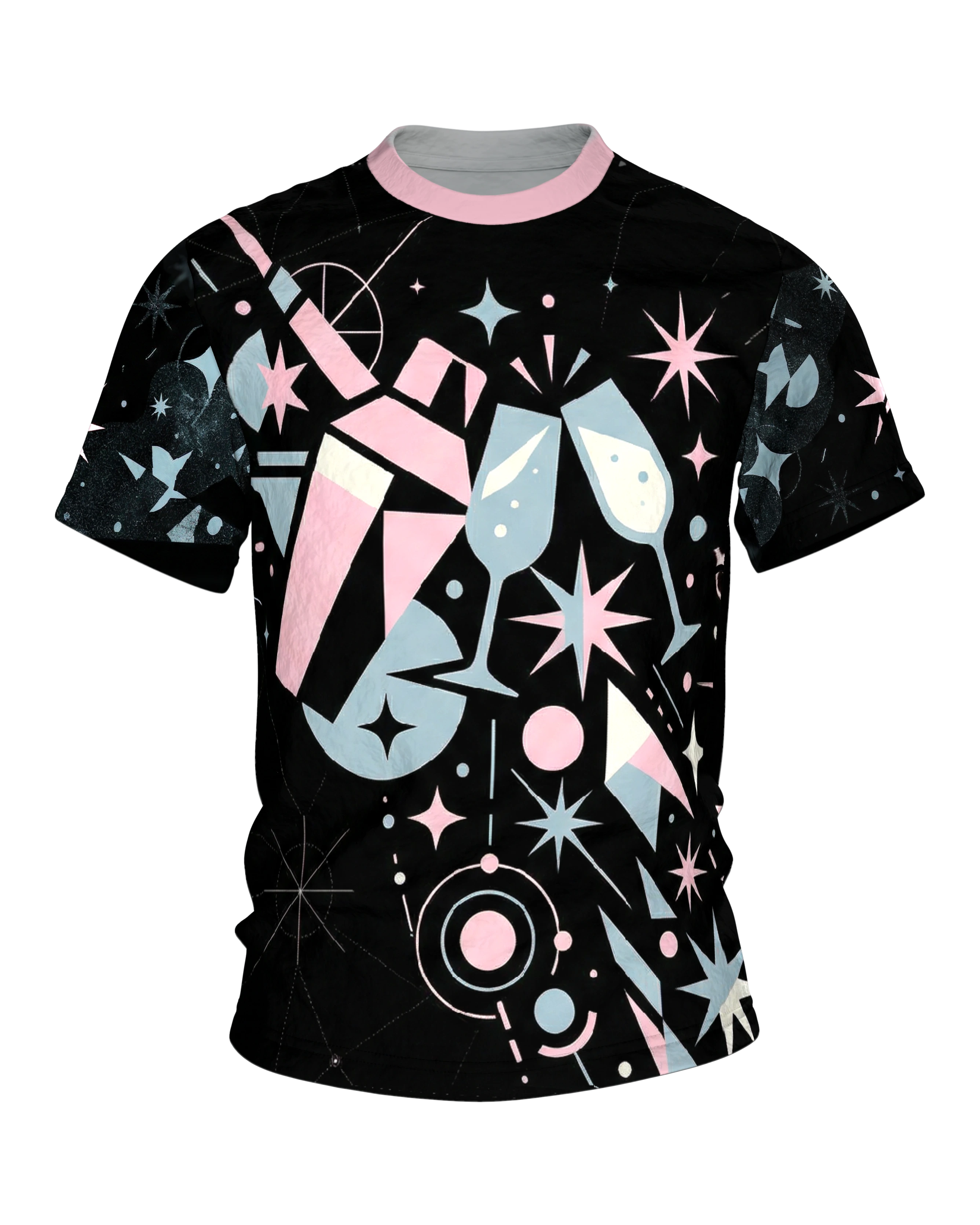 Retro Cocktail-Party T-Shirt, Shaker und Gläser mit Atomic-Sternen, Anstoß-Motiv am Rücken