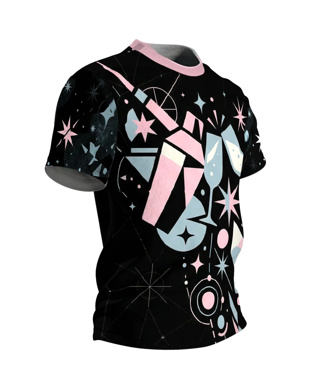Retro Cocktail-Party T-Shirt, Shaker und Gläser mit Atomic-Sternen, Anstoß-Motiv am Rücken, Seitenansicht links