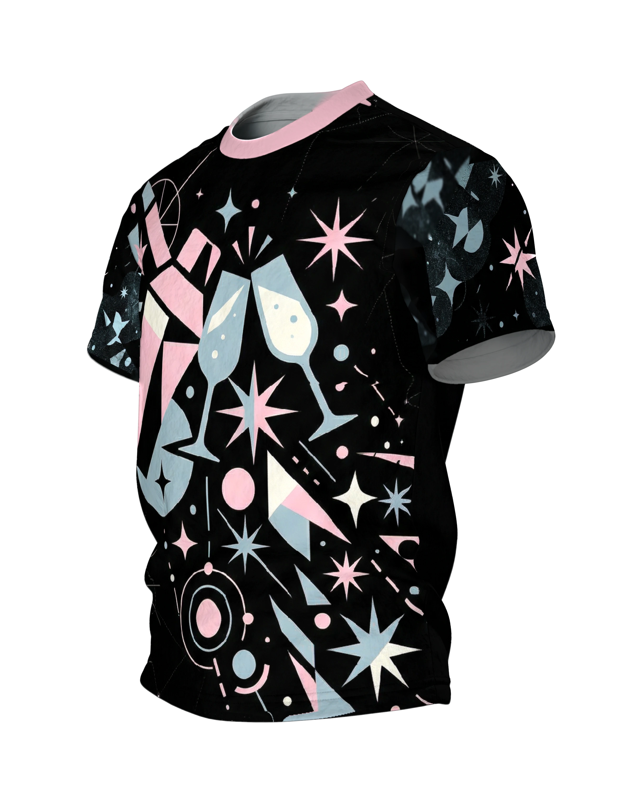 Retro Cocktail-Party T-Shirt, Shaker und Gläser mit Atomic-Sternen, Anstoß-Motiv am Rücken, Seitenansicht rechts