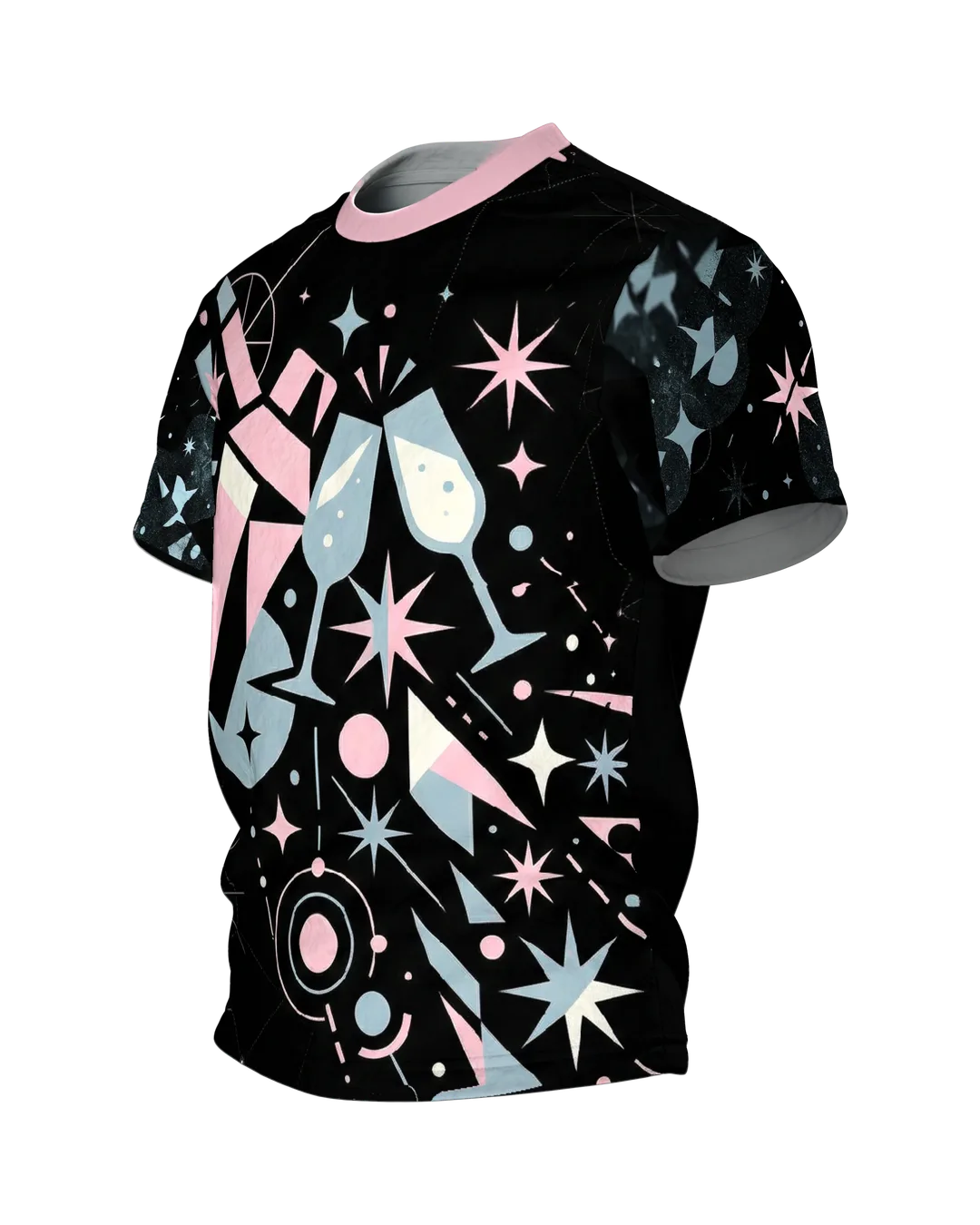 Retro Cocktail-Party T-Shirt, Shaker und Gläser mit Atomic-Sternen, Anstoß-Motiv am Rücken, Seitenansicht rechts