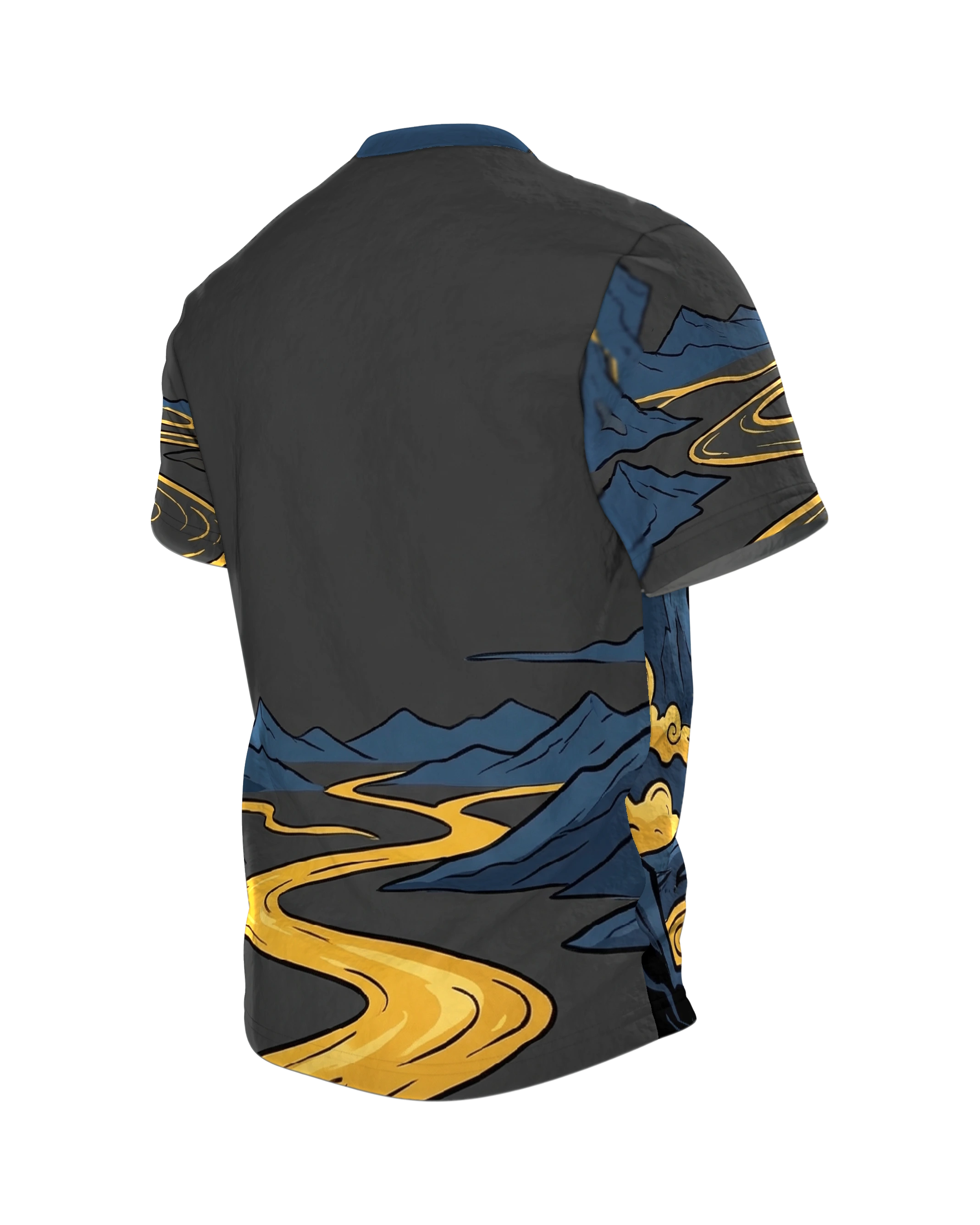 Goldenes Kreuz T-Shirt, Gipfelkreuz über goldenem Bergfluss im Comic-Stil auf Anthrazit, Rückseite schräg links