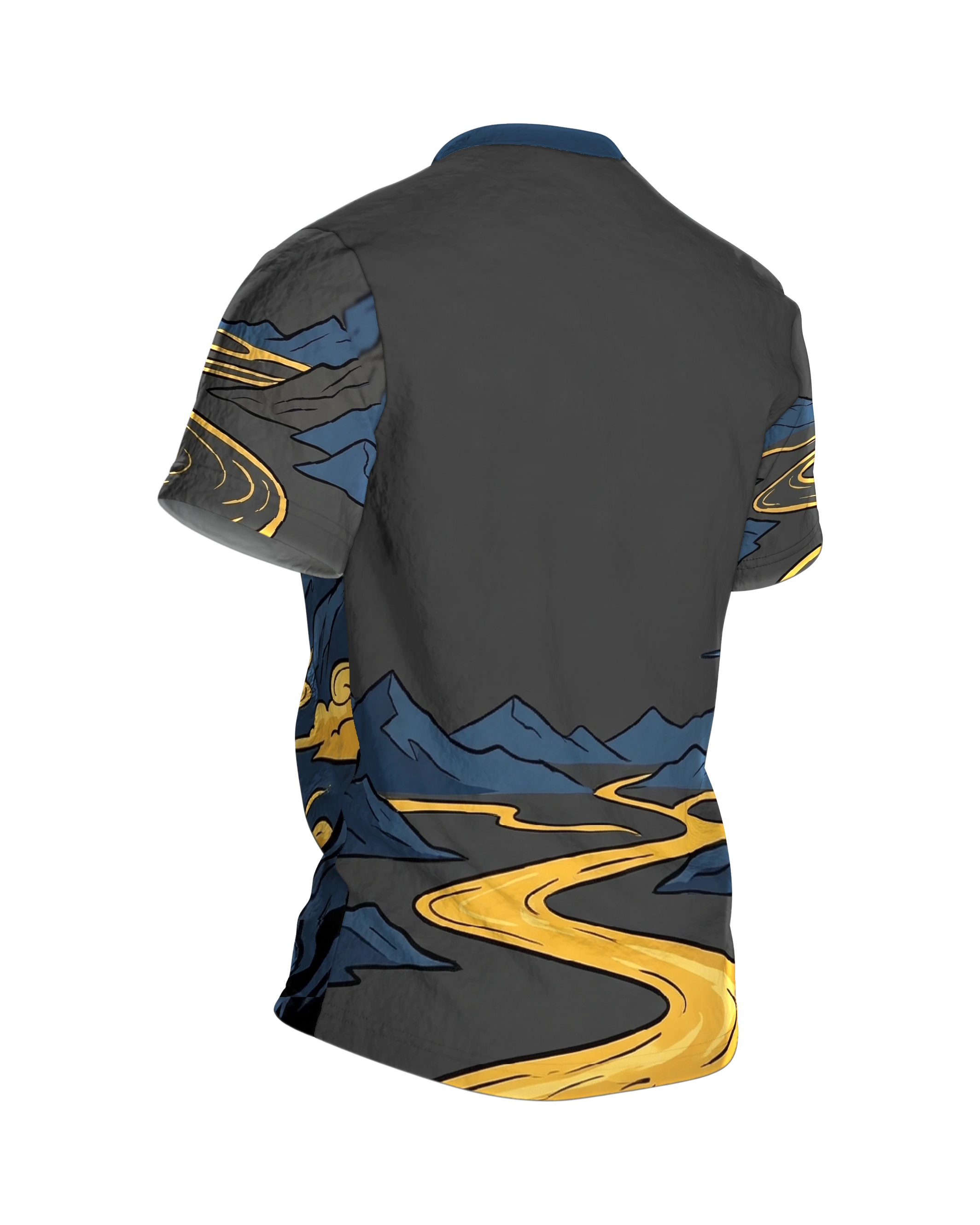 Goldenes Kreuz T-Shirt, Gipfelkreuz über goldenem Bergfluss im Comic-Stil auf Anthrazit, Rückseite schräg rechts