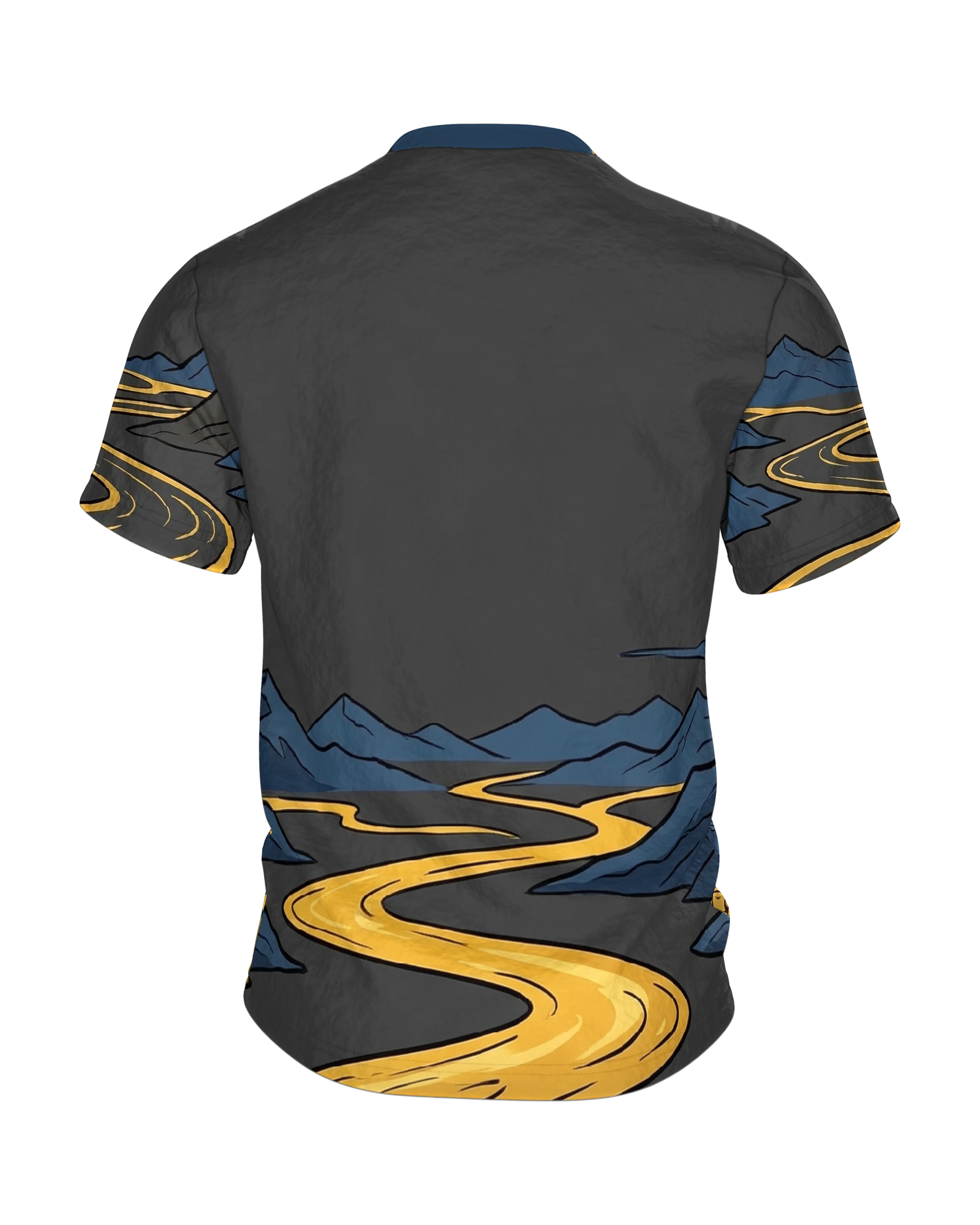 Goldenes Kreuz T-Shirt, Gipfelkreuz über goldenem Bergfluss im Comic-Stil auf Anthrazit, Rückseite