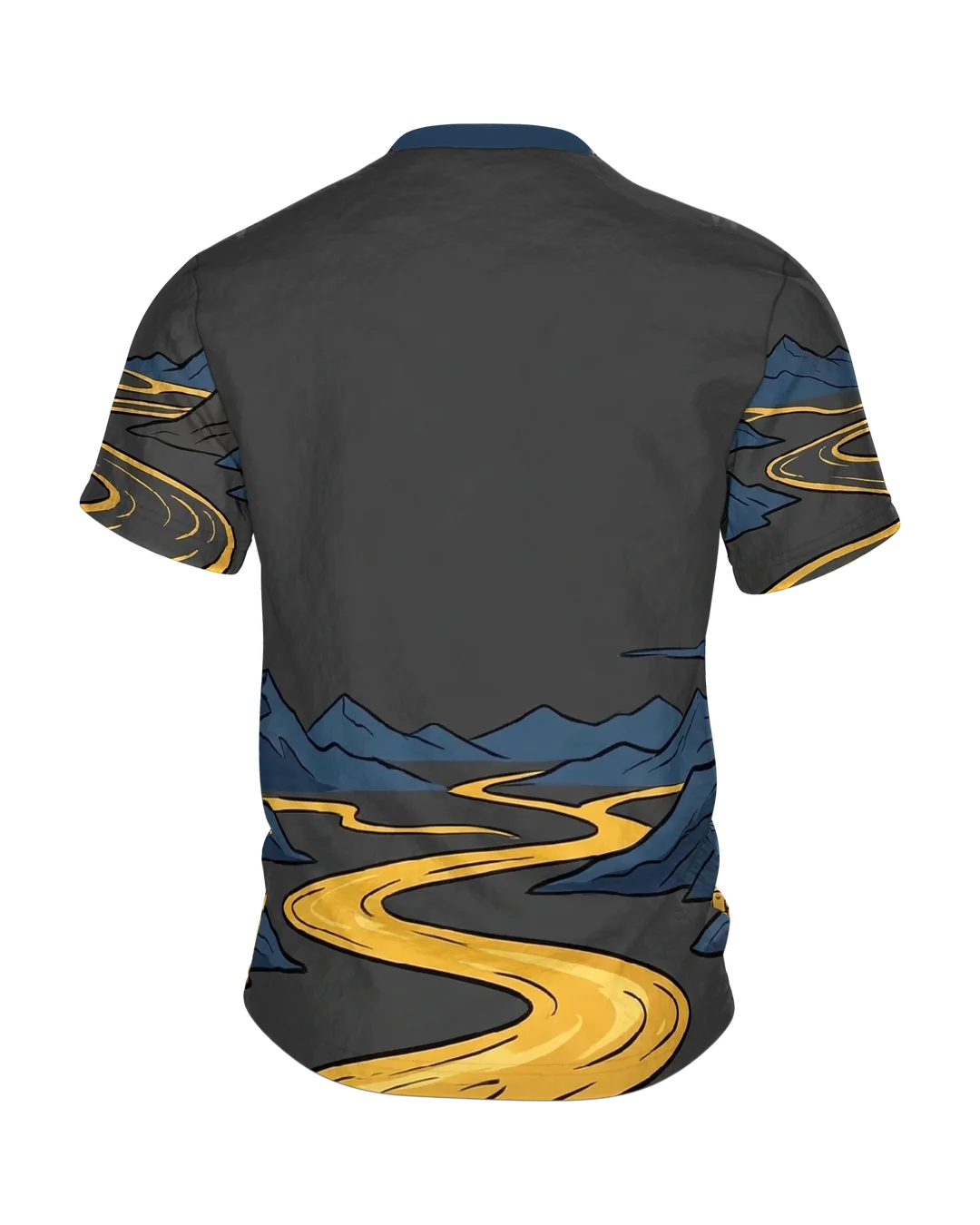 Goldenes Kreuz T-Shirt, Gipfelkreuz über goldenem Bergfluss im Comic-Stil auf Anthrazit, Rückseite