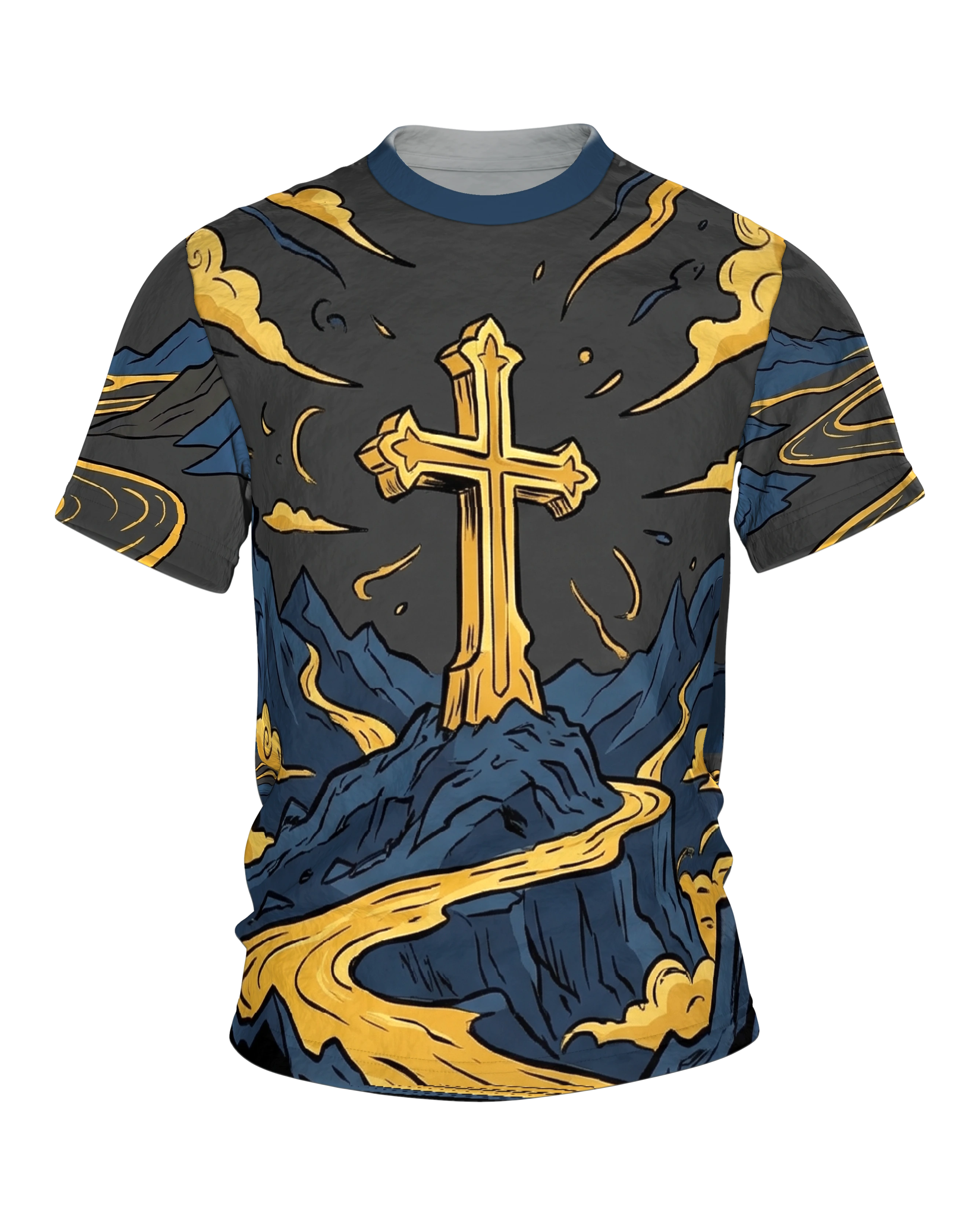 Goldenes Kreuz T-Shirt, Gipfelkreuz über goldenem Bergfluss im Comic-Stil auf Anthrazit