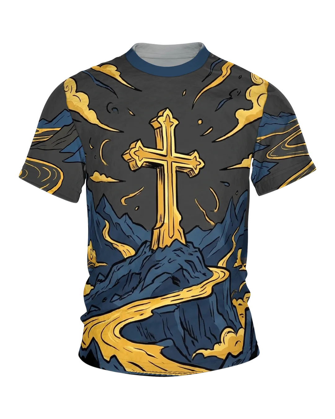 Goldenes Kreuz T-Shirt, Gipfelkreuz über goldenem Bergfluss im Comic-Stil auf Anthrazit