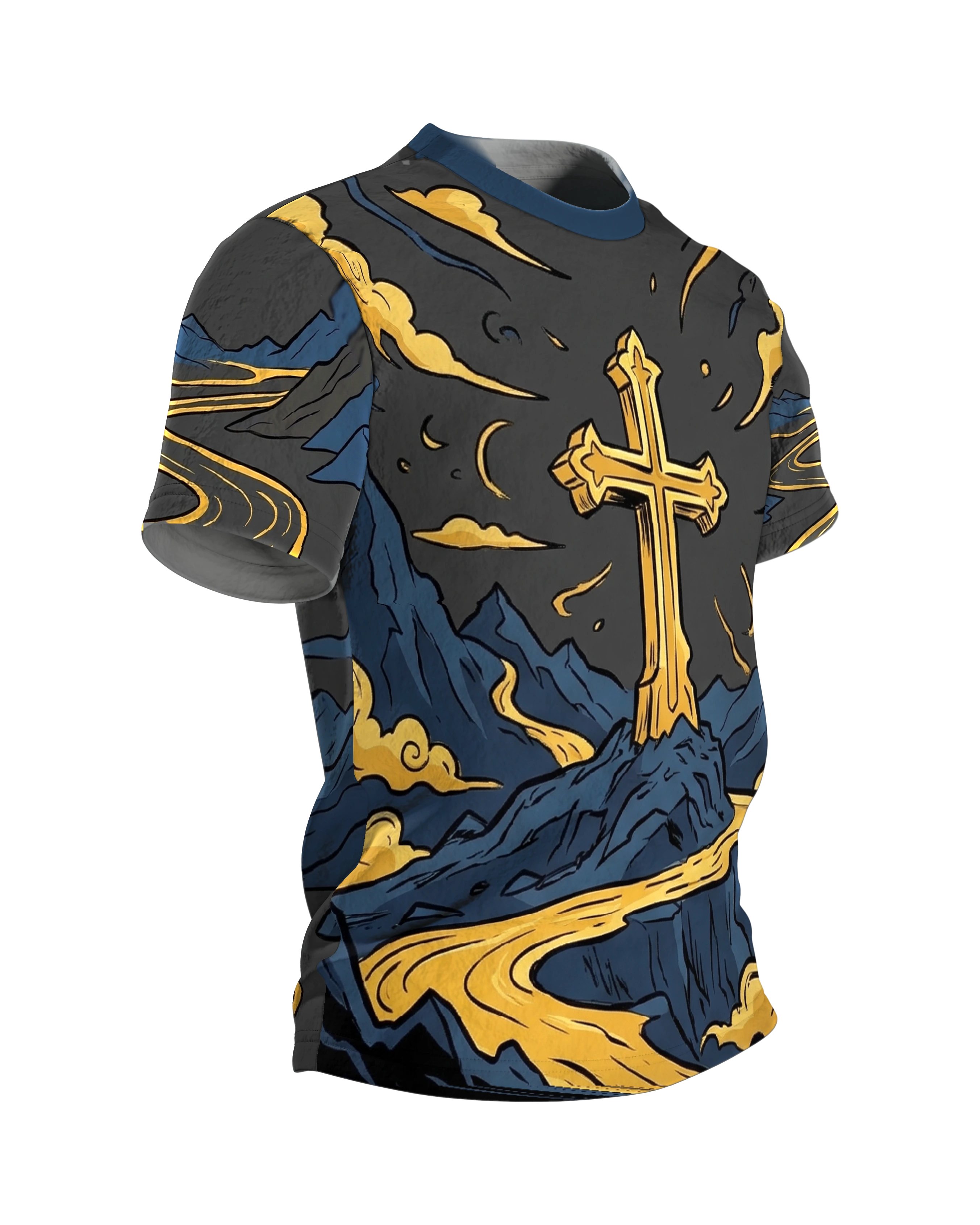 Goldenes Kreuz T-Shirt, Gipfelkreuz über goldenem Bergfluss im Comic-Stil auf Anthrazit, Seitenansicht links