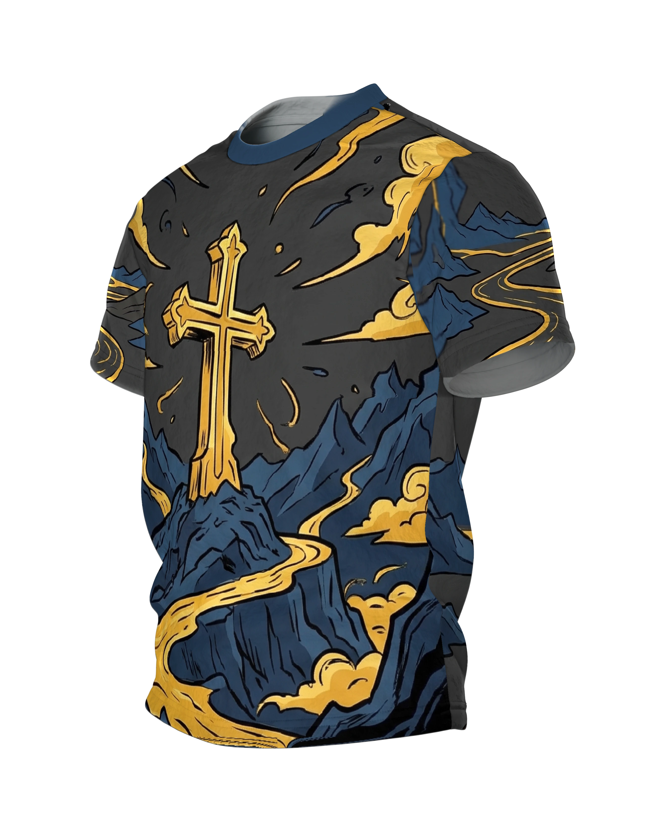 Goldenes Kreuz T-Shirt, Gipfelkreuz über goldenem Bergfluss im Comic-Stil auf Anthrazit, Seitenansicht rechts