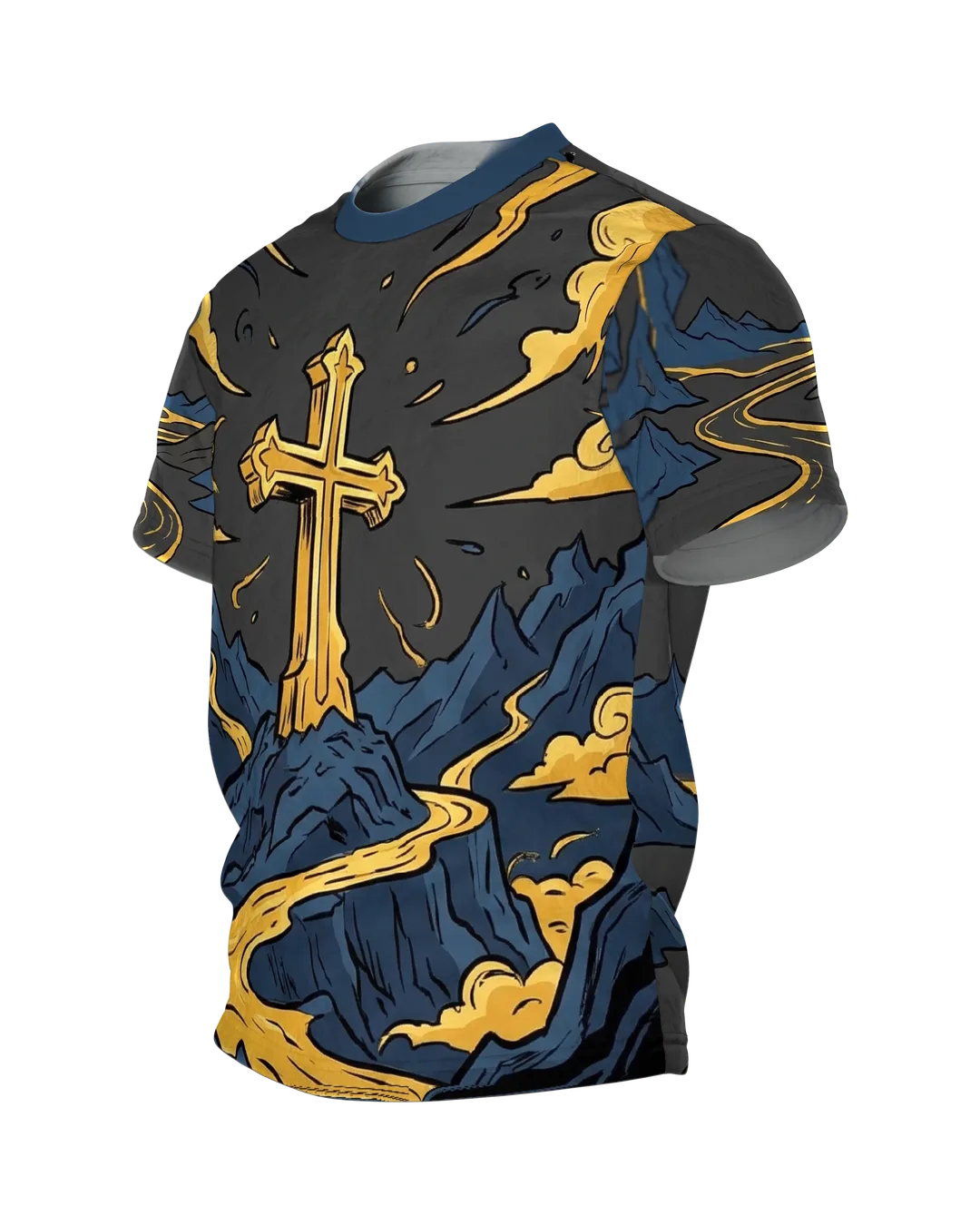 Goldenes Kreuz T-Shirt, Gipfelkreuz über goldenem Bergfluss im Comic-Stil auf Anthrazit, Seitenansicht rechts