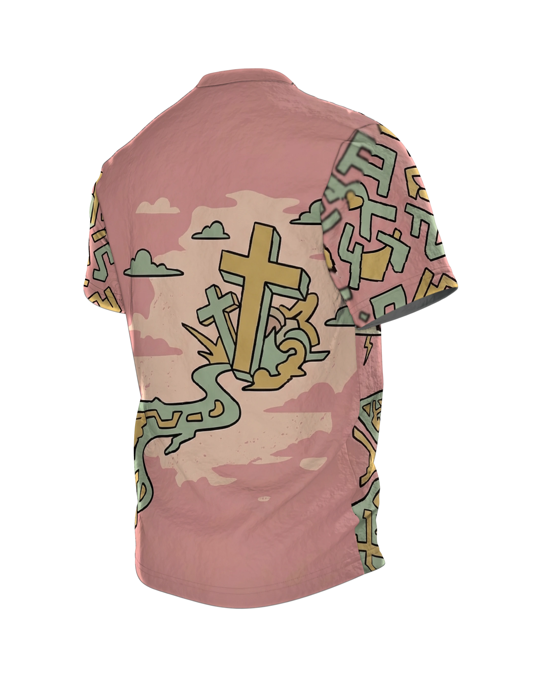 Surreale Kreuze T-Shirt, Traumlandschaft mit Zeichenfluss in Pastell als Allover, Rückseite schräg links