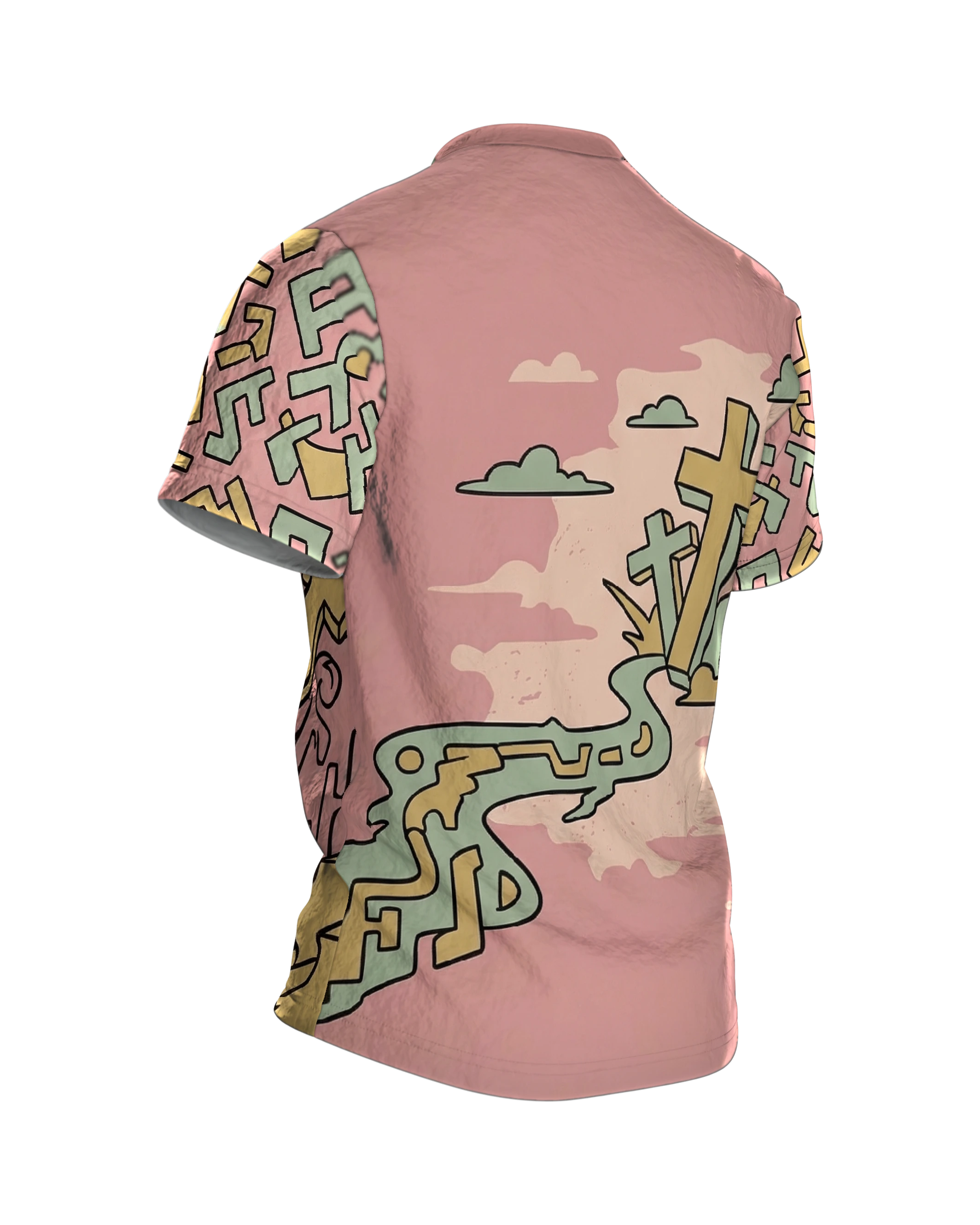 Surreale Kreuze T-Shirt, Traumlandschaft mit Zeichenfluss in Pastell als Allover, Rückseite schräg rechts