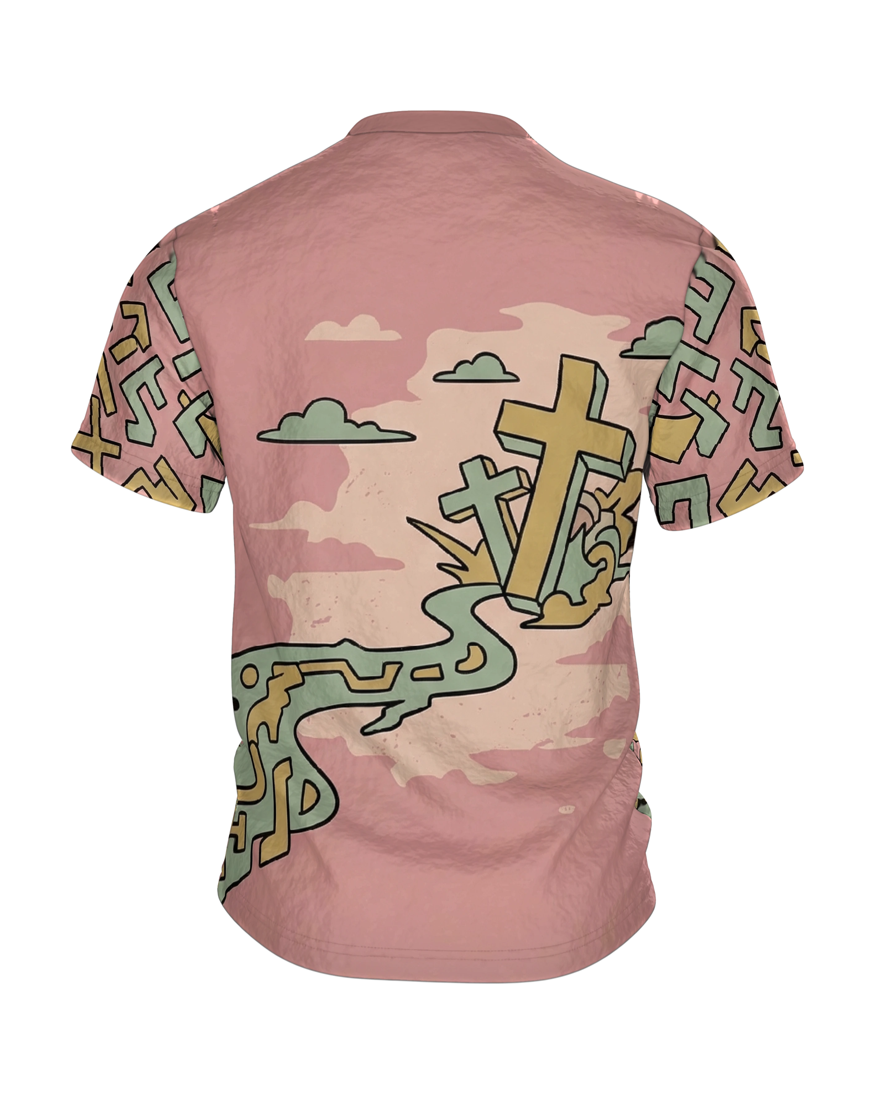 Surreale Kreuze T-Shirt, Traumlandschaft mit Zeichenfluss in Pastell als Allover, Rückseite