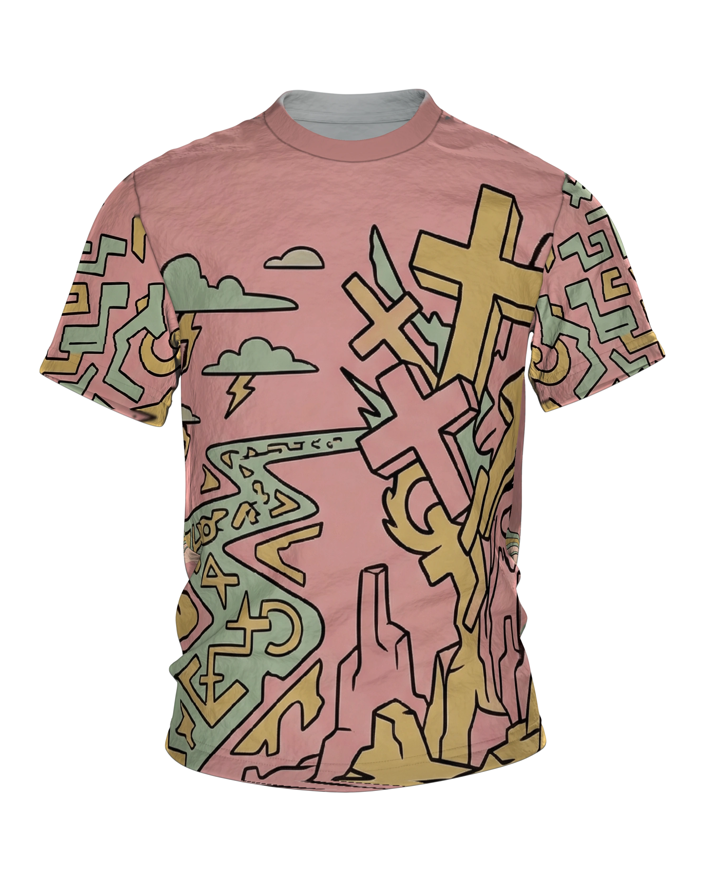 Surreale Kreuze T-Shirt, Traumlandschaft mit Zeichenfluss in Pastell als Allover