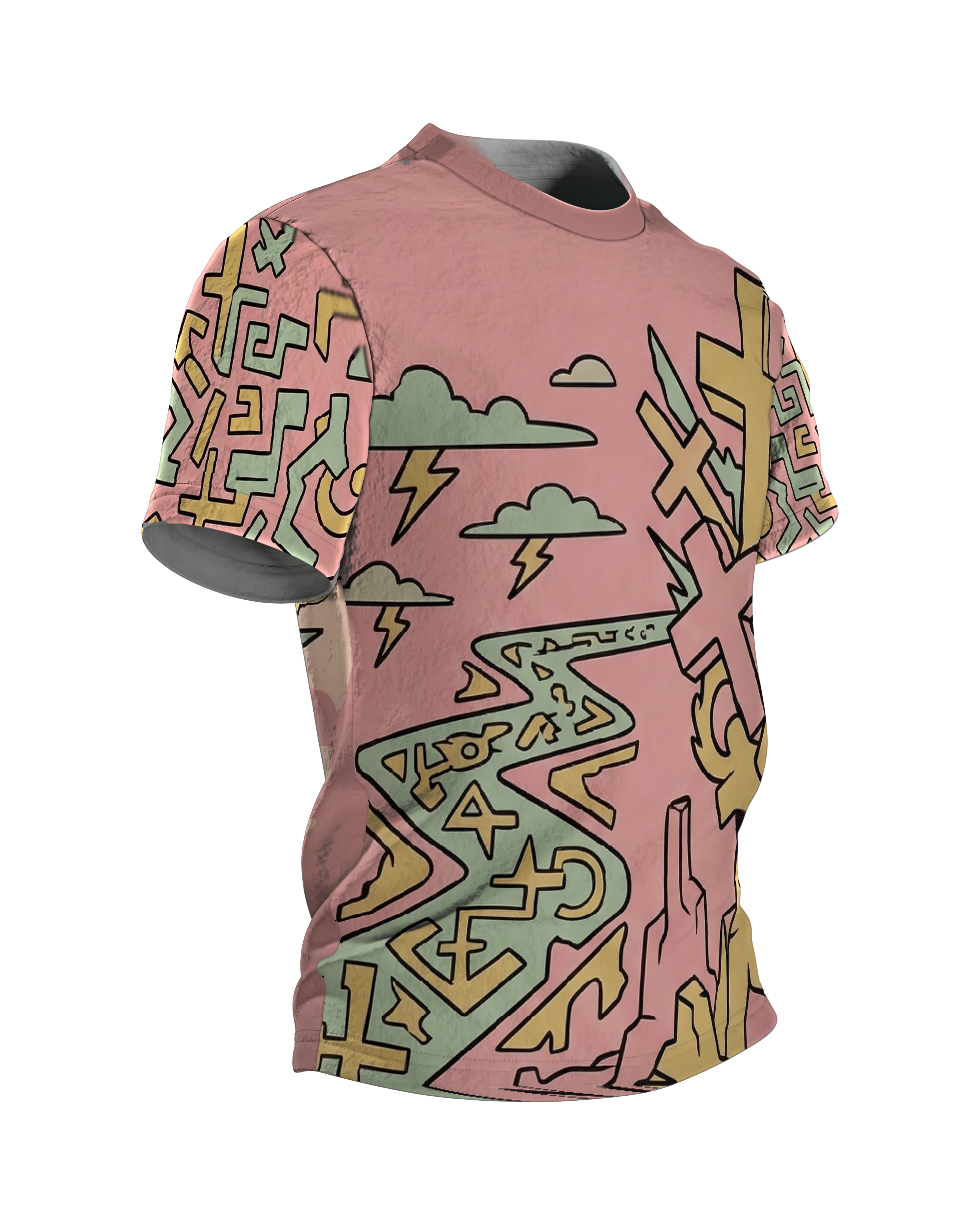 Surreale Kreuze T-Shirt, Traumlandschaft mit Zeichenfluss in Pastell als Allover, Seitenansicht links