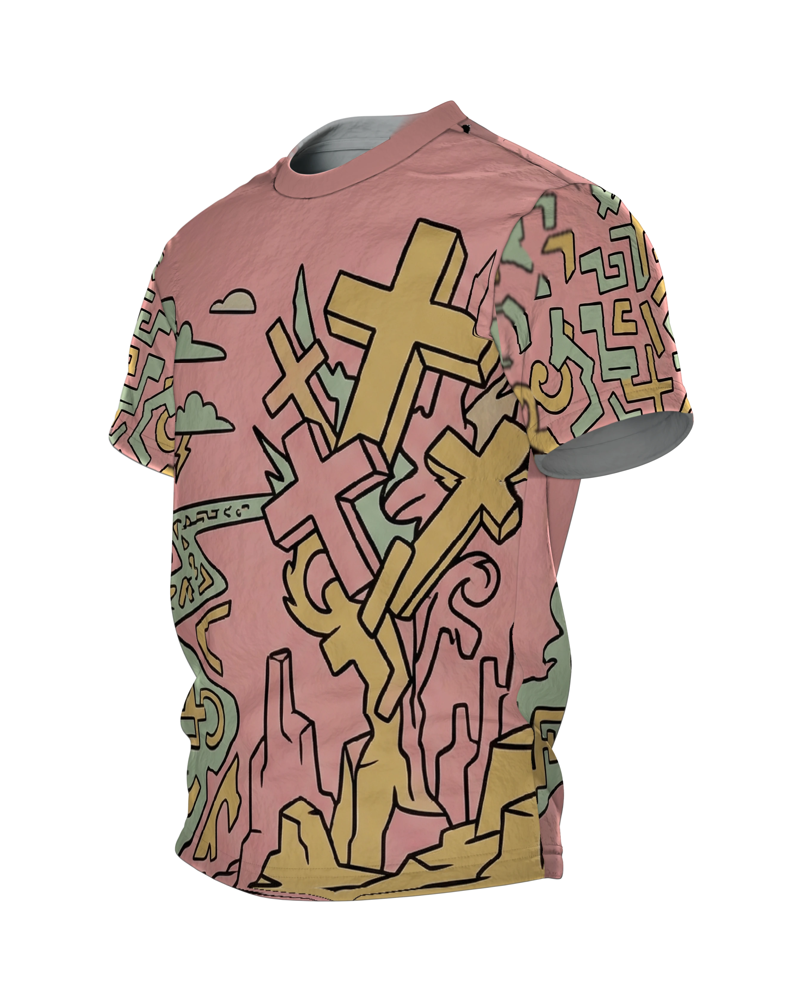 Surreale Kreuze T-Shirt, Traumlandschaft mit Zeichenfluss in Pastell als Allover, Seitenansicht rechts